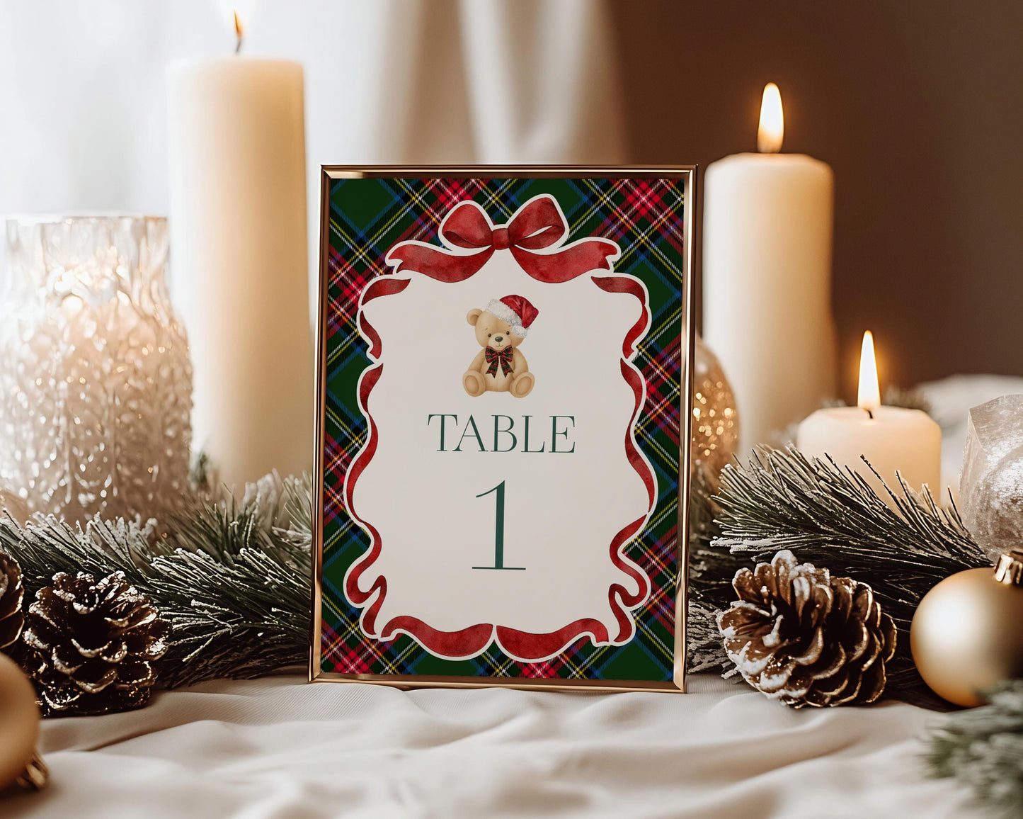 Green Tartan Plaid Christmas Bear Table Number Cards Template, We Can Bearly Wait Christmas Baby Shower December Beary First Birthday WP1083