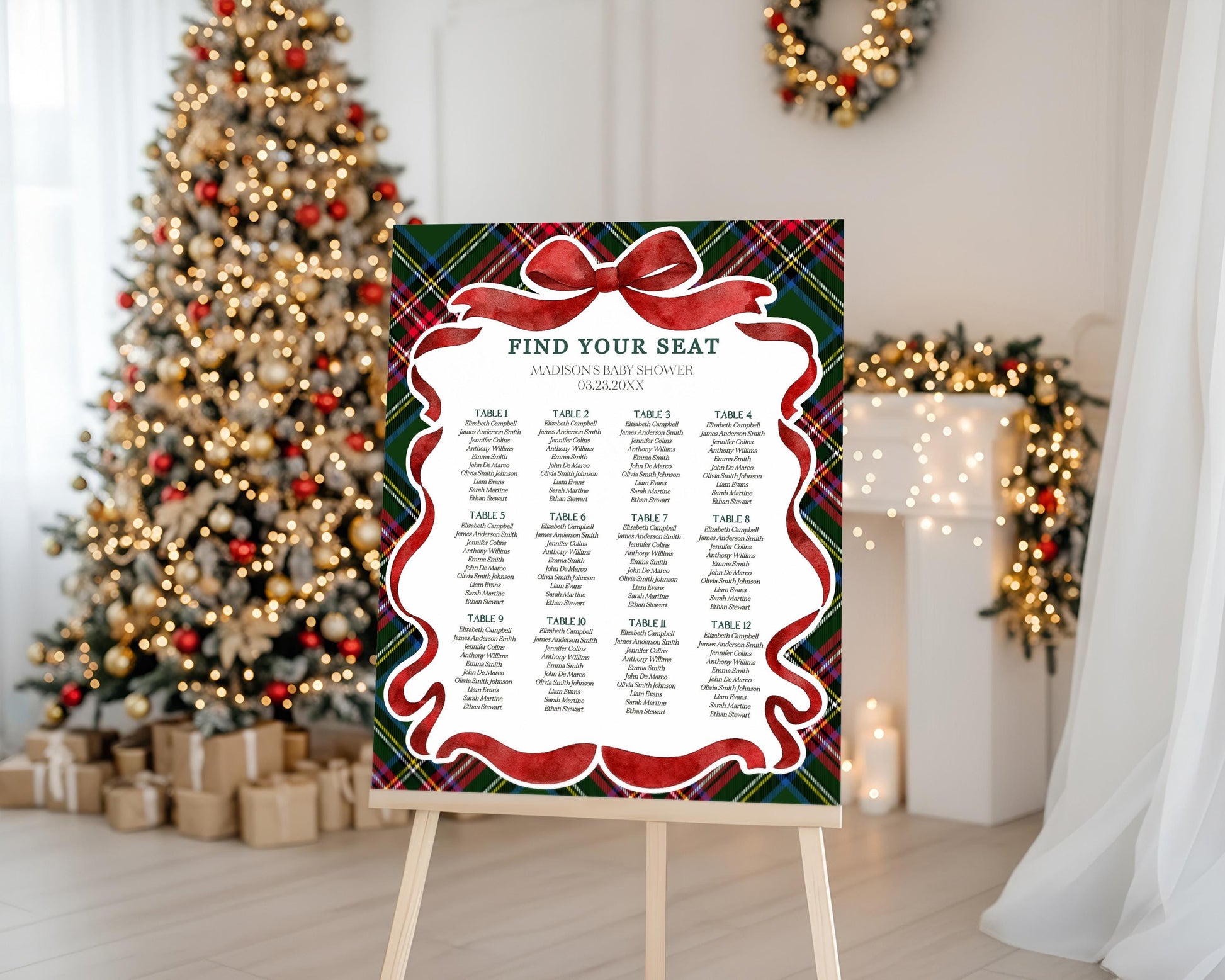 Green Tartan Plaid Christmas Bear Seating Chart Cards Template, We Can Bearly Wait Christmas Baby Shower, December Beary 1st Birthday WP1083