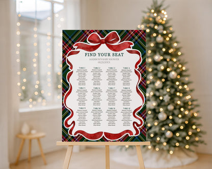Green Tartan Plaid Christmas Bear Seating Chart Poster Template, We Can Bearly Wait Christmas Baby Shower December Beary 1st Birthday WP1083
