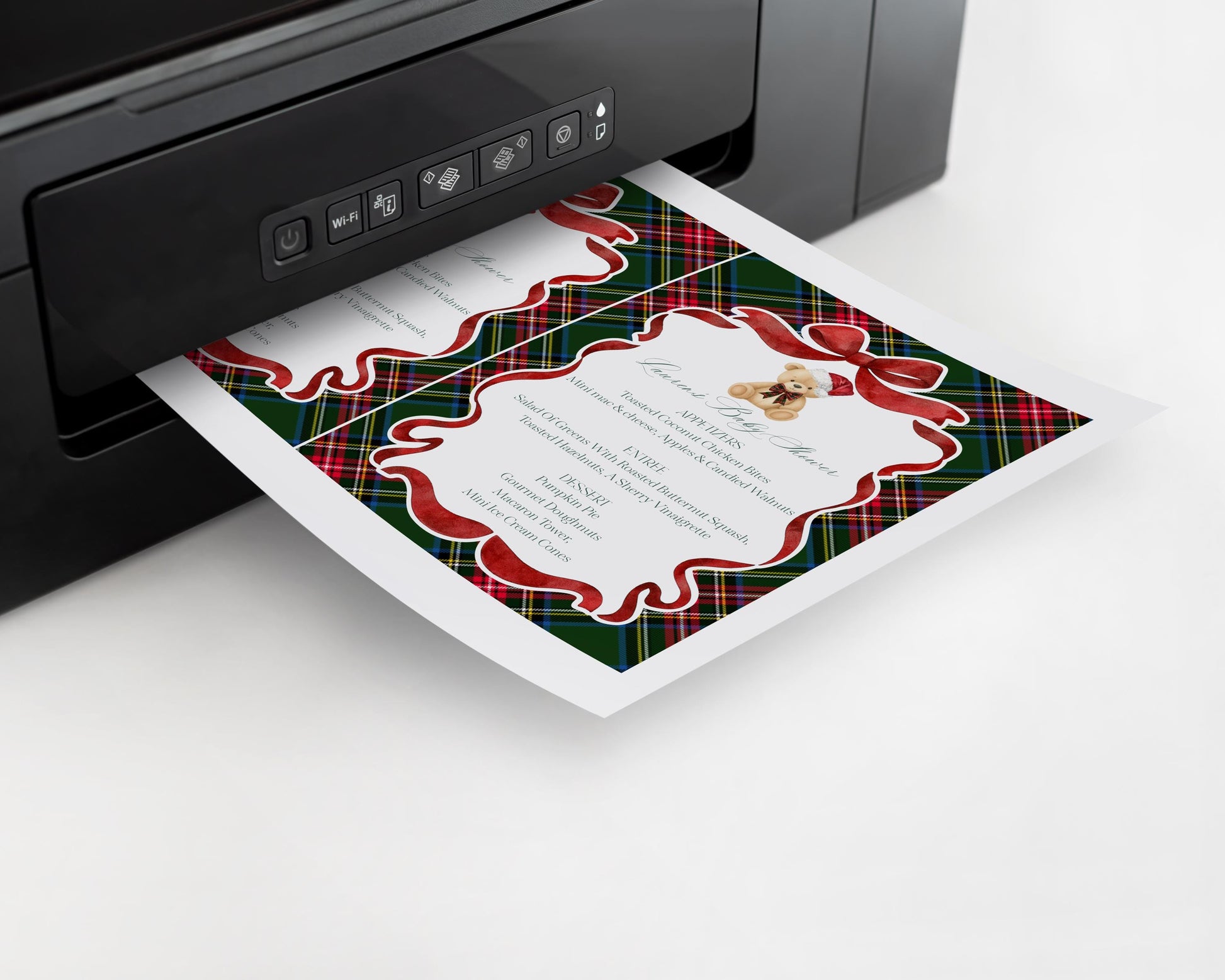 Green Tartan Plaid Christmas Bear Menu Template, We Can Bearly Wait Christmas Baby Shower, December Beary First Birthday WP1083