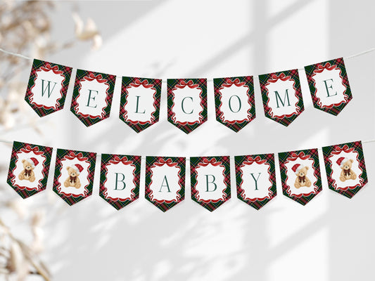Green Tartan Plaid Christmas Bear Baby Shower Banner Template, We Can Bearly Wait Christmas Baby Sprinkle December Plaid Bear Nesting WP1083