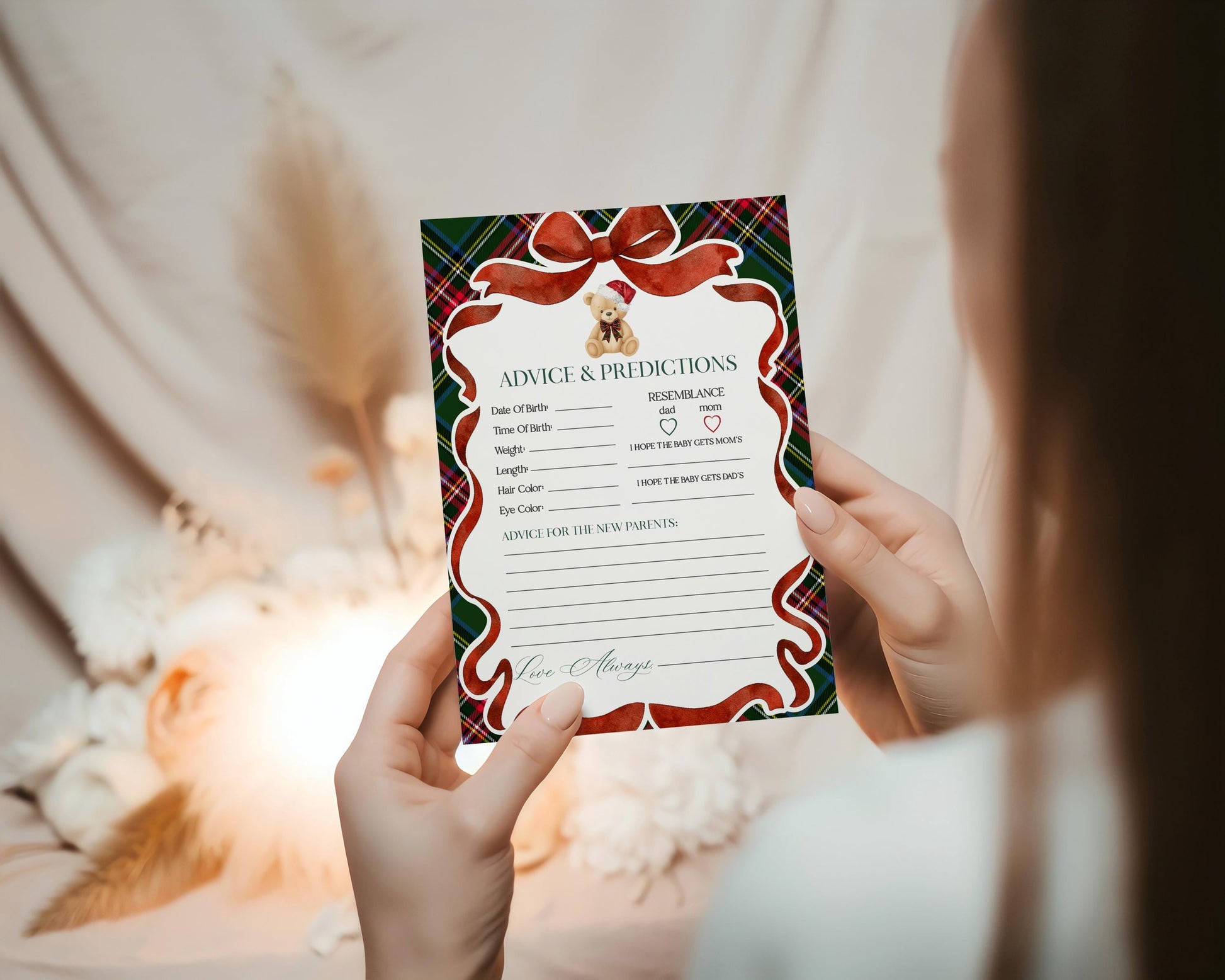 Green Tartan Plaid Christmas Bear Advice for Baby Cards Template, We Can Bearly Wait Christmas Baby Sprinkle, December Nesting Party WP1083