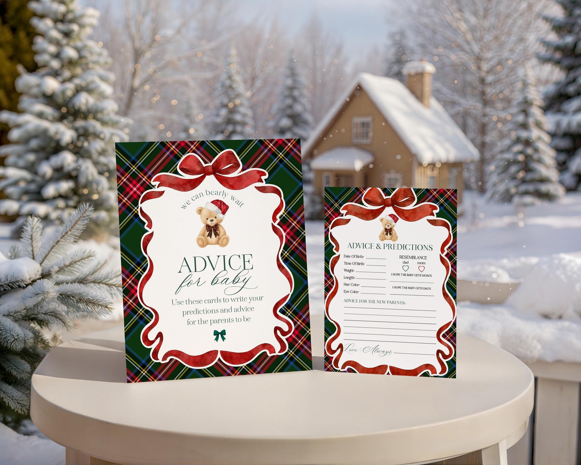 Green Tartan Plaid Christmas Bear Advice for Baby Cards Template, We Can Bearly Wait Christmas Baby Sprinkle, December Nesting Party WP1083