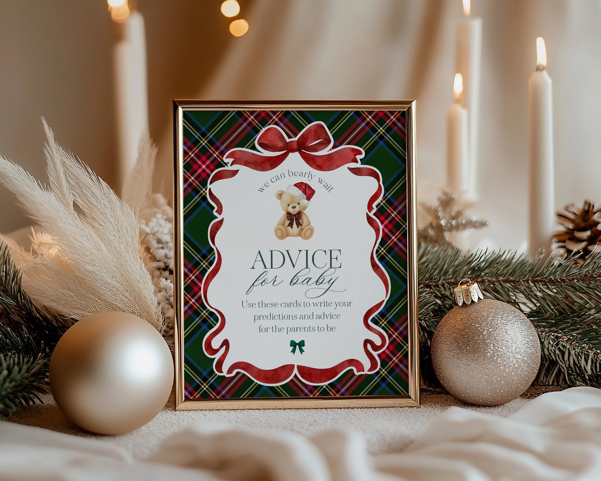 Green Tartan Plaid Christmas Bear Advice for Baby Cards Template, We Can Bearly Wait Christmas Baby Sprinkle, December Nesting Party WP1083