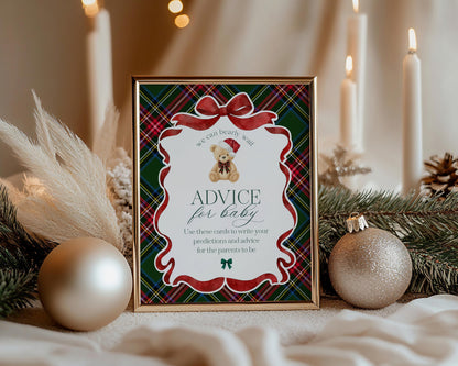 Green Tartan Plaid Christmas Bear Advice for Baby Cards Template, We Can Bearly Wait Christmas Baby Sprinkle, December Nesting Party WP1083