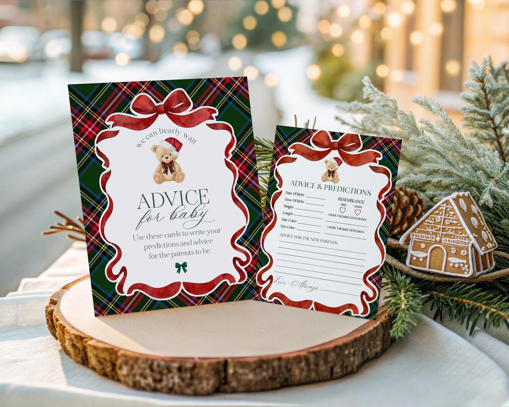 Green Tartan Plaid Christmas Bear Advice for Baby Cards Template, We Can Bearly Wait Christmas Baby Sprinkle, December Nesting Party WP1083