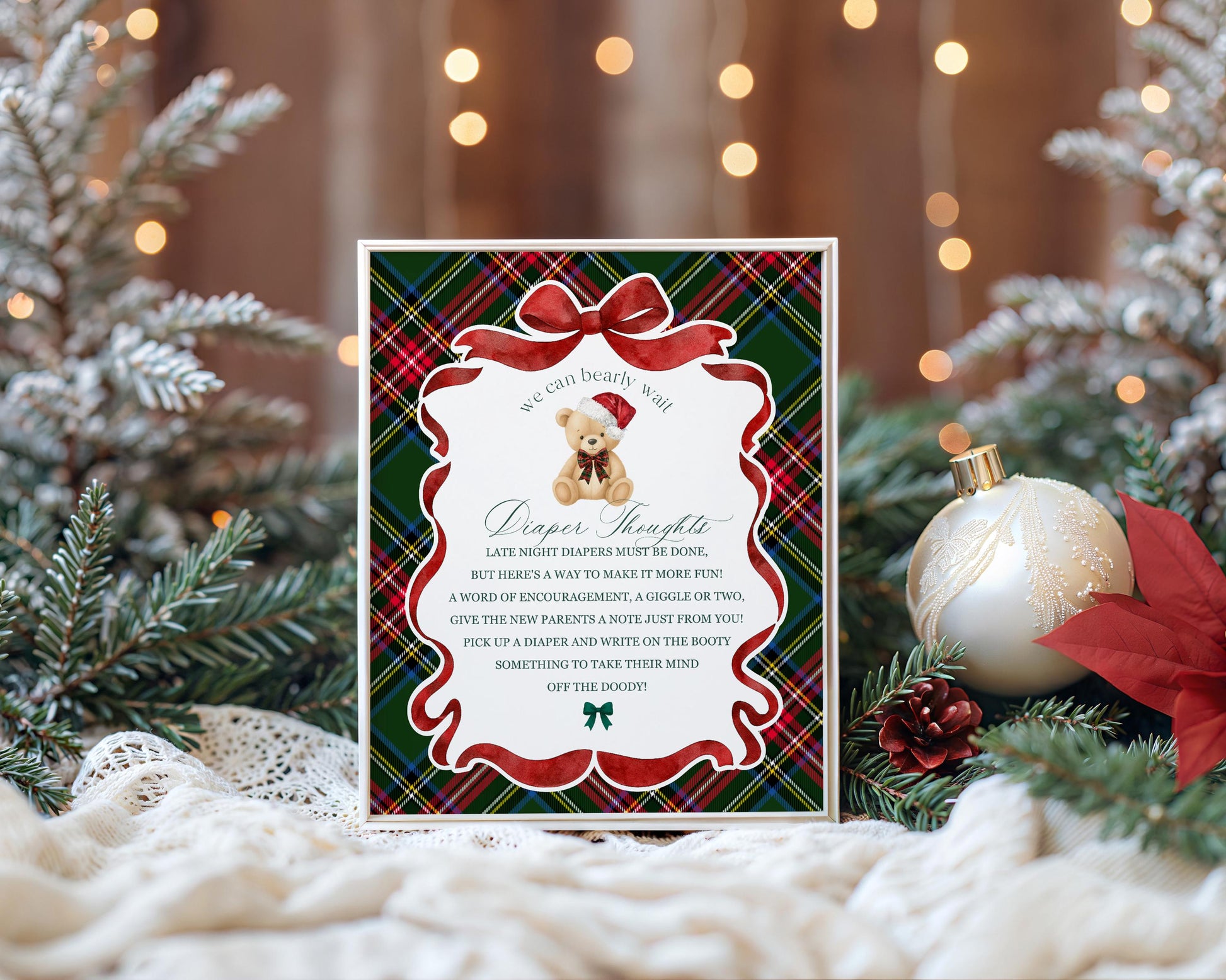 Green Tartan Plaid Christmas Bear Baby Shower Diaper Thoughts Sign Template, We Can Bearly Wait December Christmas Baby Sprinkle WP1083