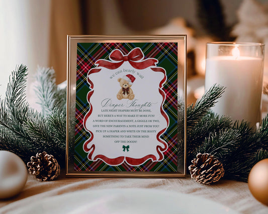 Green Tartan Plaid Christmas Bear Baby Shower Diaper Thoughts Sign Template, We Can Bearly Wait December Christmas Baby Sprinkle WP1083