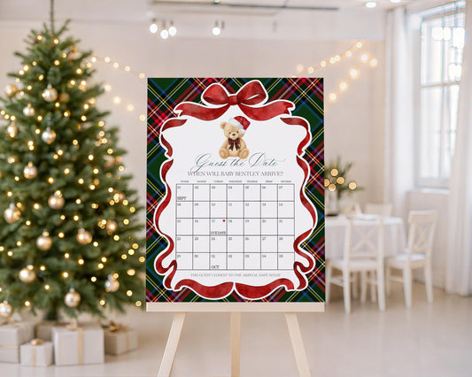 Green Tartan Plaid Christmas Bear Baby Shower Guess the Date Game Template, We Can Bearly Wait Christmas Baby Sprinkle December Party WP1083
