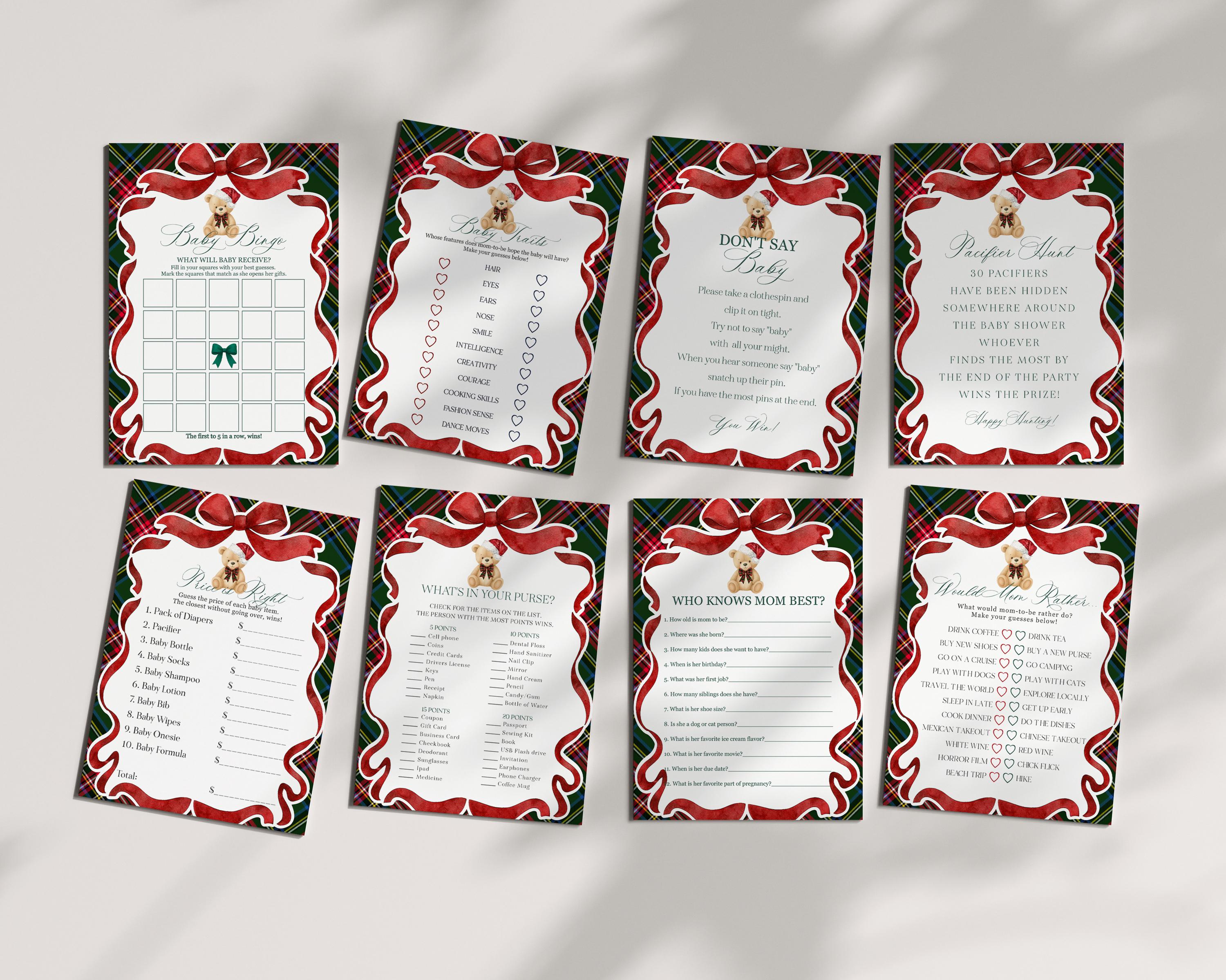 Green Tartan Plaid Christmas Bear Baby Shower Games Template, We Can Bearly Wait Christmas Baby Sprinkle, December Plaid Bear Nesting WP1083