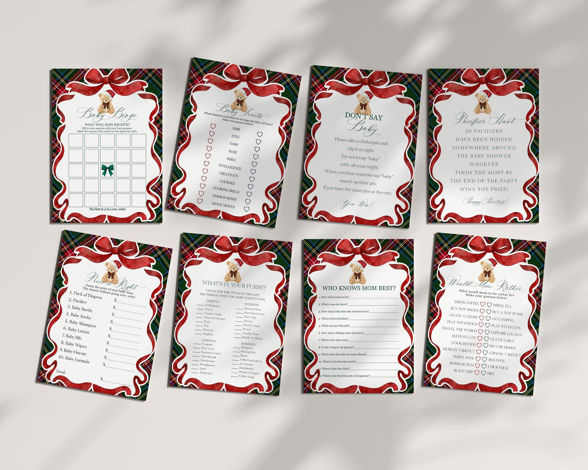 Green Tartan Plaid Christmas Bear Baby Shower Games Template, We Can Bearly Wait Christmas Baby Sprinkle, December Plaid Bear Nesting WP1083