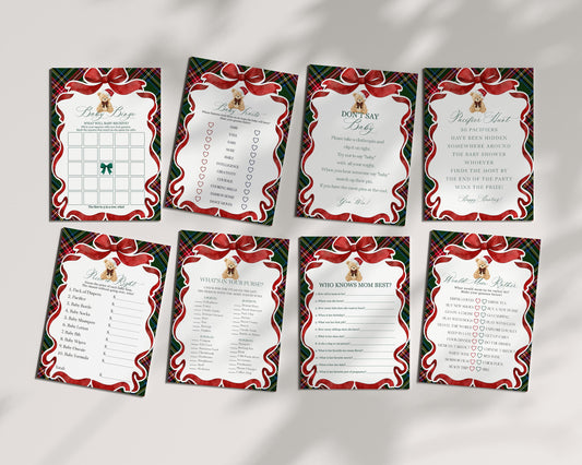 Green Tartan Plaid Christmas Bear Baby Shower Games Template, We Can Bearly Wait Christmas Baby Sprinkle, December Plaid Bear Nesting WP1083