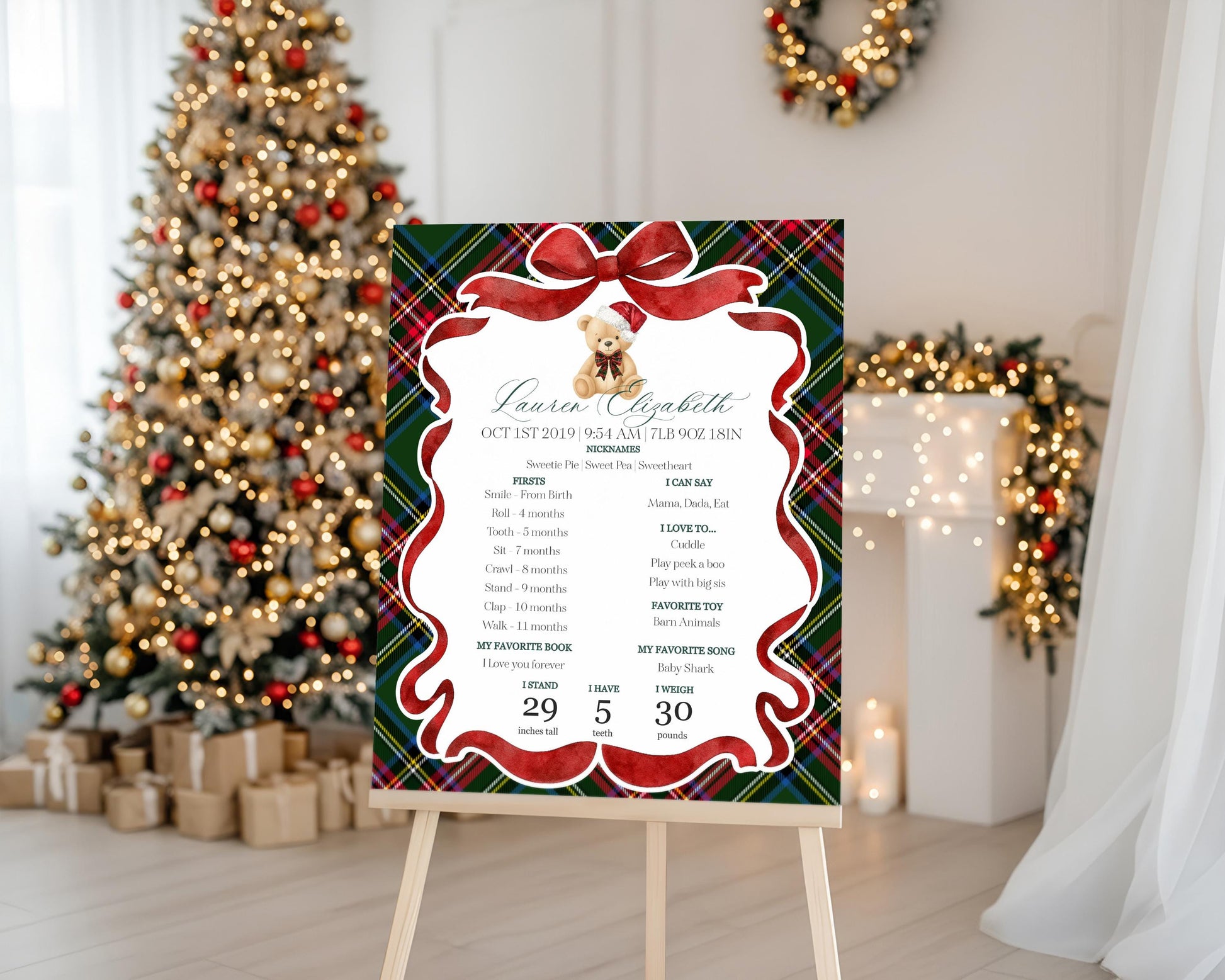 Green Tartan Plaid Christmas Bear First Year Milestone Sign Printable Template, Beary First Birthday Christmas Birthday Party Decor WP1083