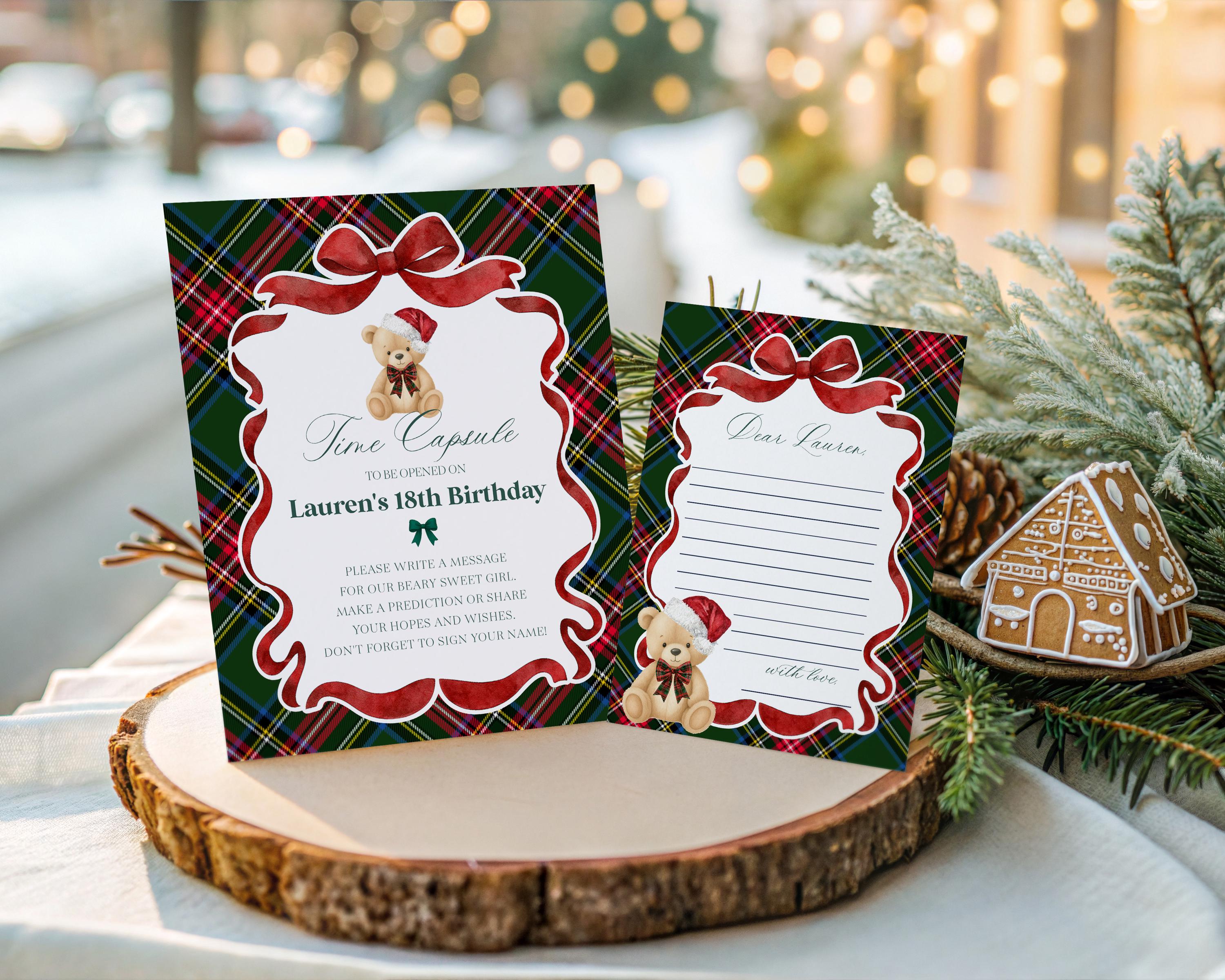 Green Tartan Plaid Christmas Bear Time Capsule Template, Beary First Birthday Christmas Birthday Party Decor, December Plaid Party WP1083