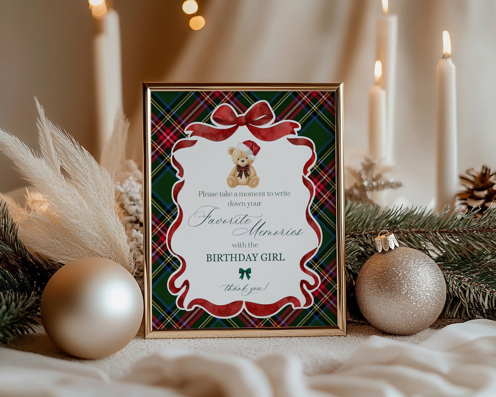 Green Tartan Plaid Christmas Bear Favorite Memories Birthday Template, Christmas Teddy Bear Birthday Party, December Plaid Bear Party WP1083