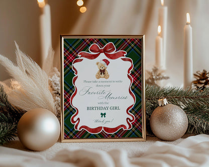 Green Tartan Plaid Christmas Bear Favorite Memories Birthday Template, Christmas Teddy Bear Birthday Party, December Plaid Bear Party WP1083