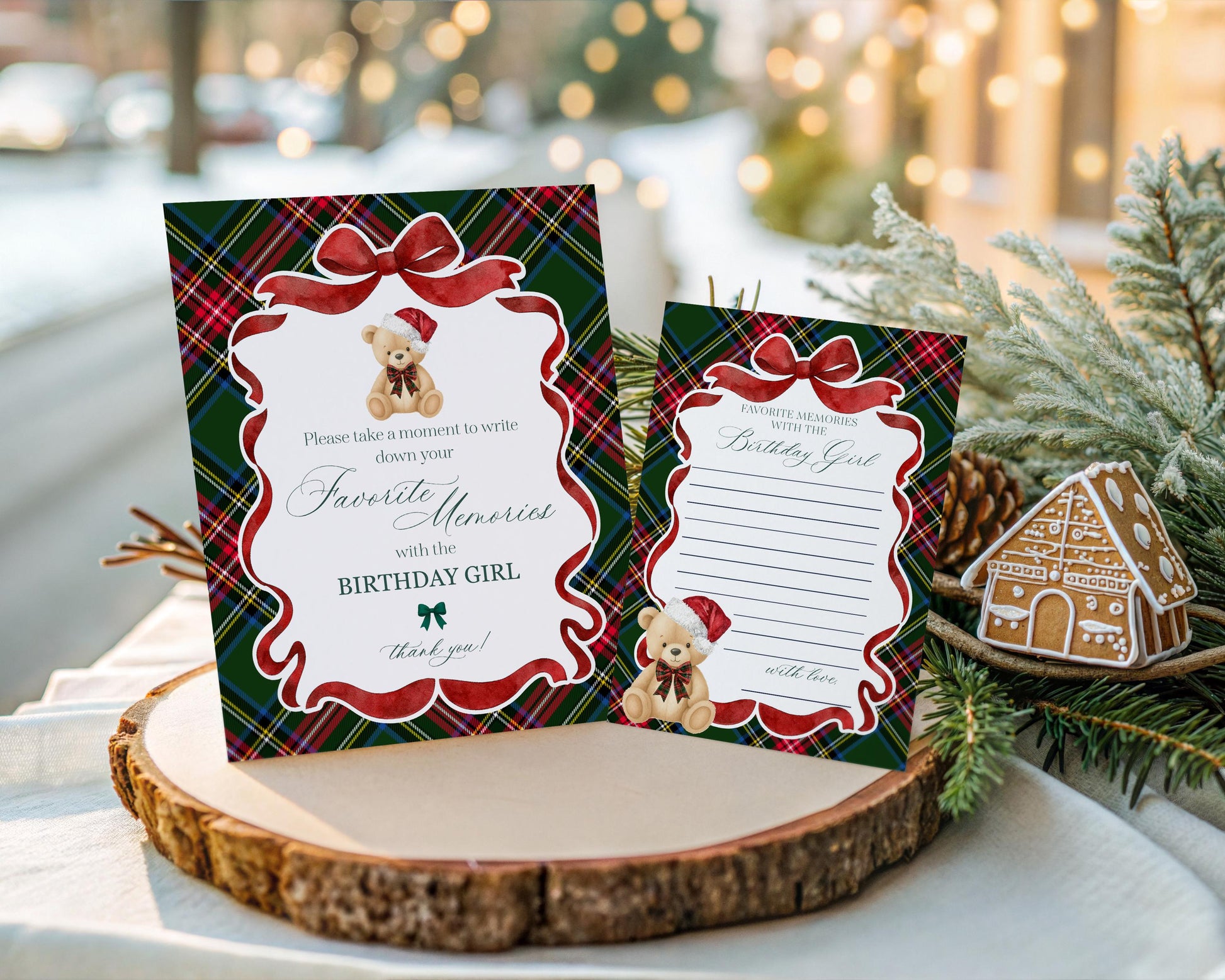 Green Tartan Plaid Christmas Bear Favorite Memories Birthday Template, Christmas Teddy Bear Birthday Party, December Plaid Bear Party WP1083