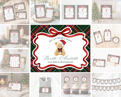 Green Tartan Plaid Christmas Bear Favorite Memories Birthday Template, Christmas Teddy Bear Birthday Party, December Plaid Bear Party WP1083