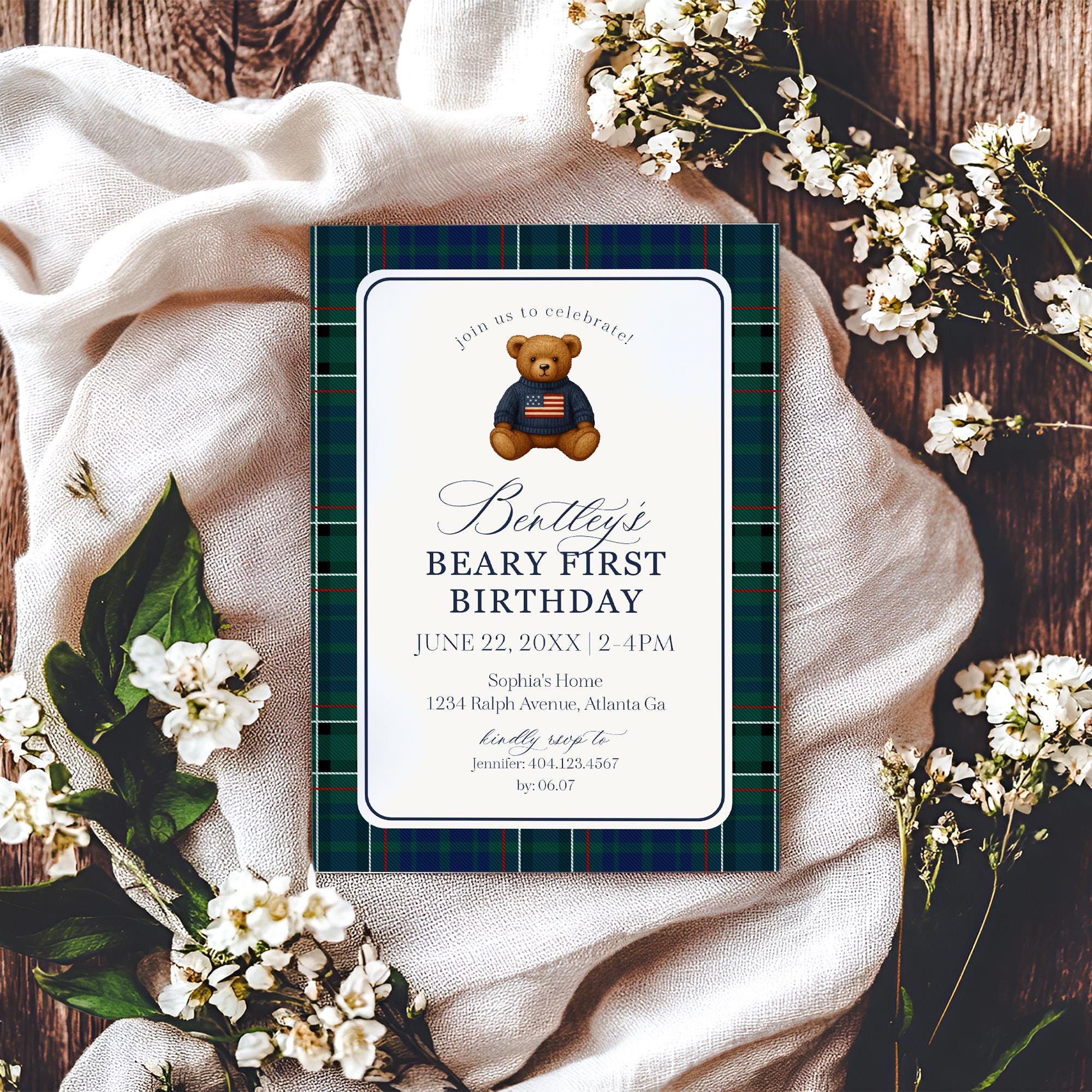 Preppy Bear 1st Birthday Invite Printable Template, Beary First Birthday Decor, Old Money Birthday Party, Tartan Plaid Party Decor WP1079