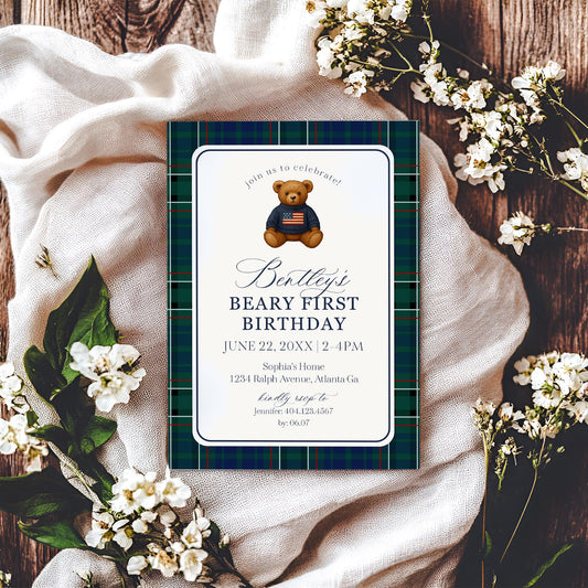 Preppy Bear 1st Birthday Invite Printable Template, Beary First Birthday Decor, Old Money Birthday Party, Tartan Plaid Party Decor WP1079
