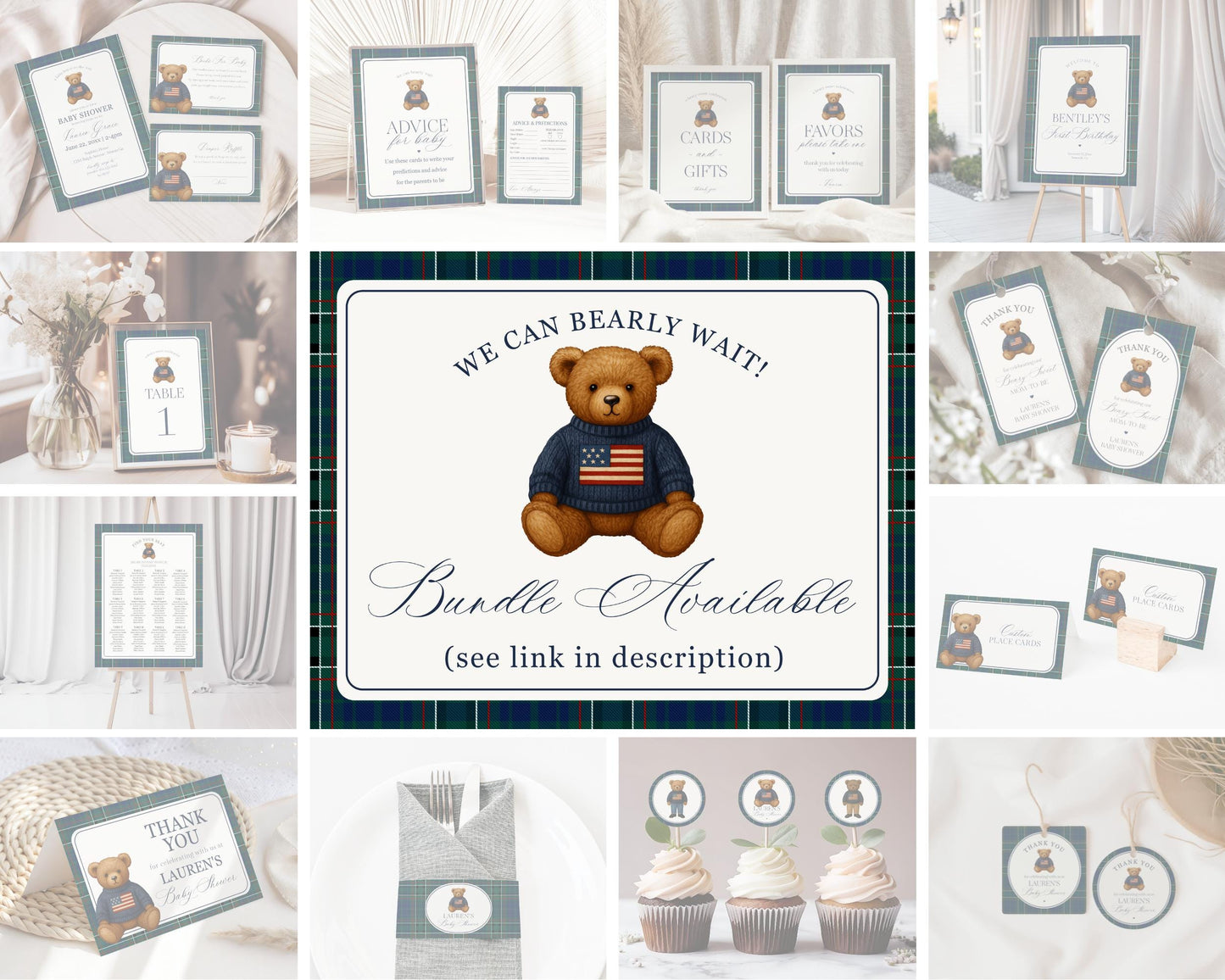 Preppy Bear 1st Birthday Invite Printable Template, Beary First Birthday Decor, Old Money Birthday Party, Tartan Plaid Party Decor WP1079