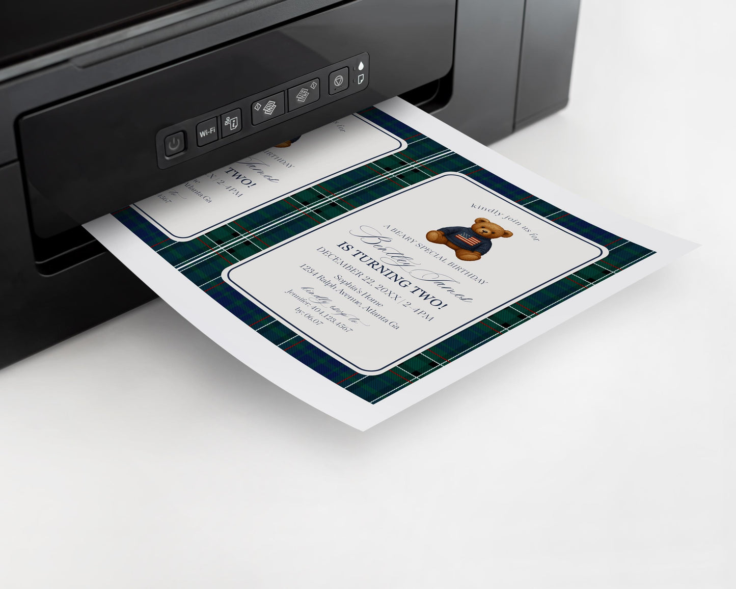 Preppy Bear Birthday Invite Printable Template, Old Money Teddy Bear Birthday Party, Tartan Plaid Party Decorations WP1079