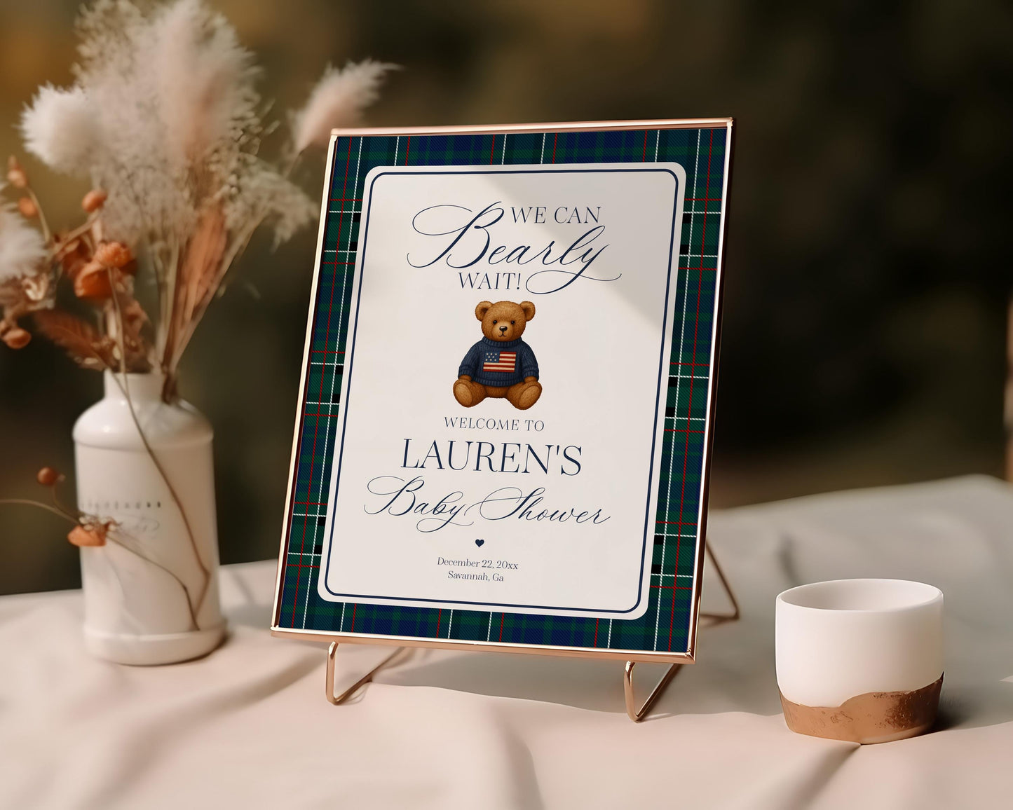 Preppy Bear Baby Shower Welcome Sign Template, We Can Bearly Wait Old Money Baby Sprinkle, Tartan Plaid Nesting Party WP1079