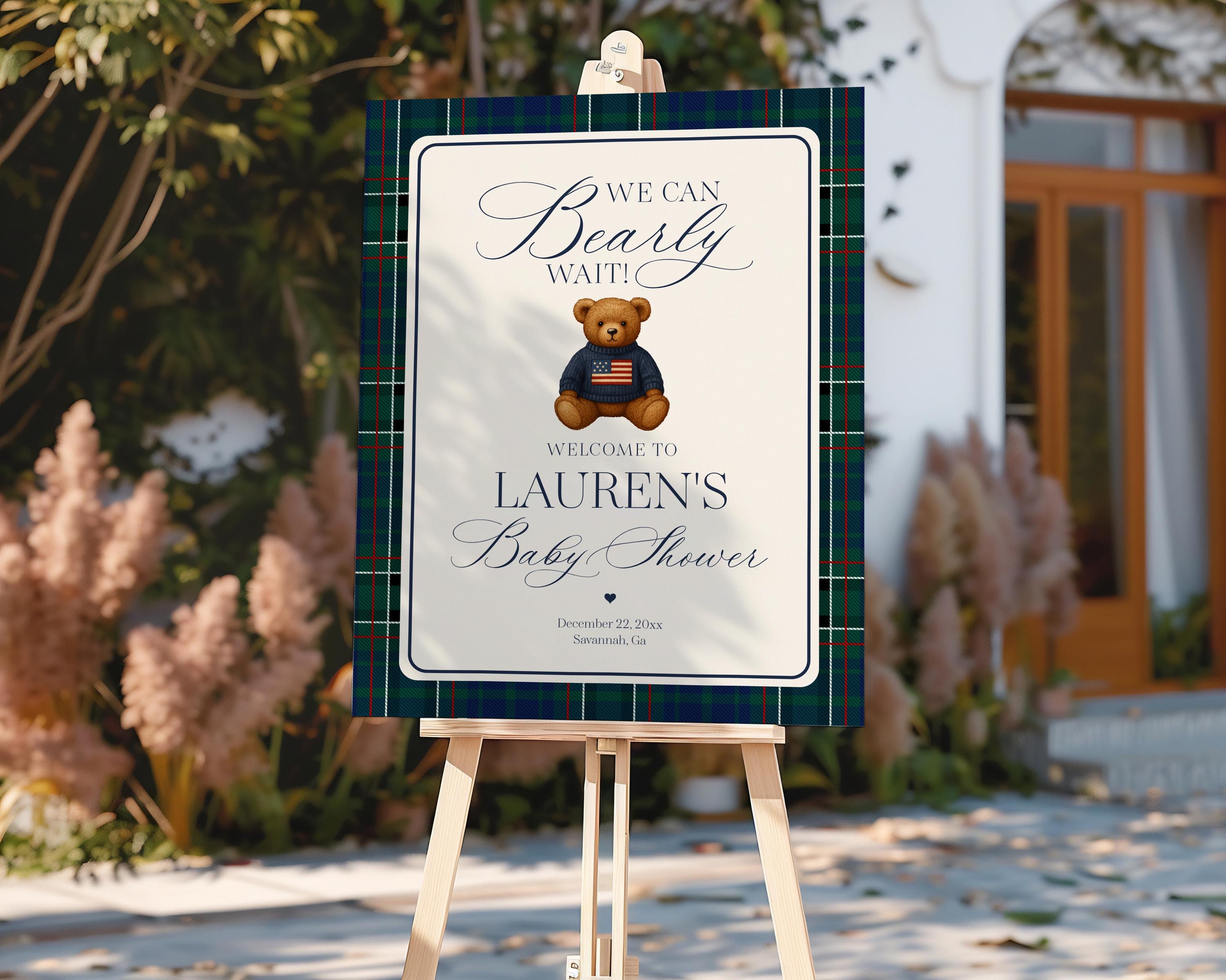 Preppy Bear Baby Shower Welcome Sign Template, We Can Bearly Wait Old Money Baby Sprinkle, Tartan Plaid Nesting Party WP1079