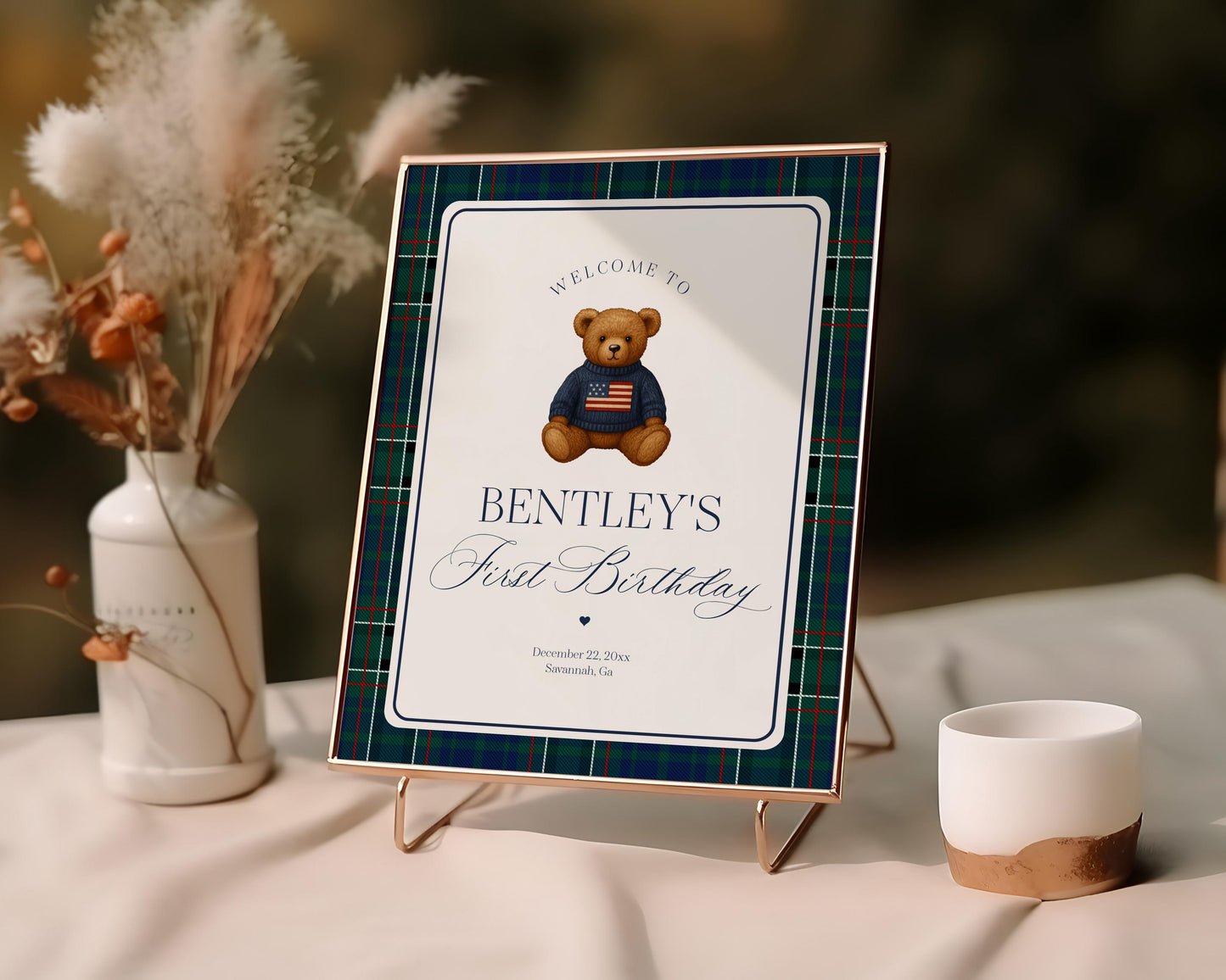 Preppy Bear Birthday Party Welcome Sign Template, Beary First Birthday Decor, Old Money Birthday Party, Tartan Plaid Party Decoration WP1079