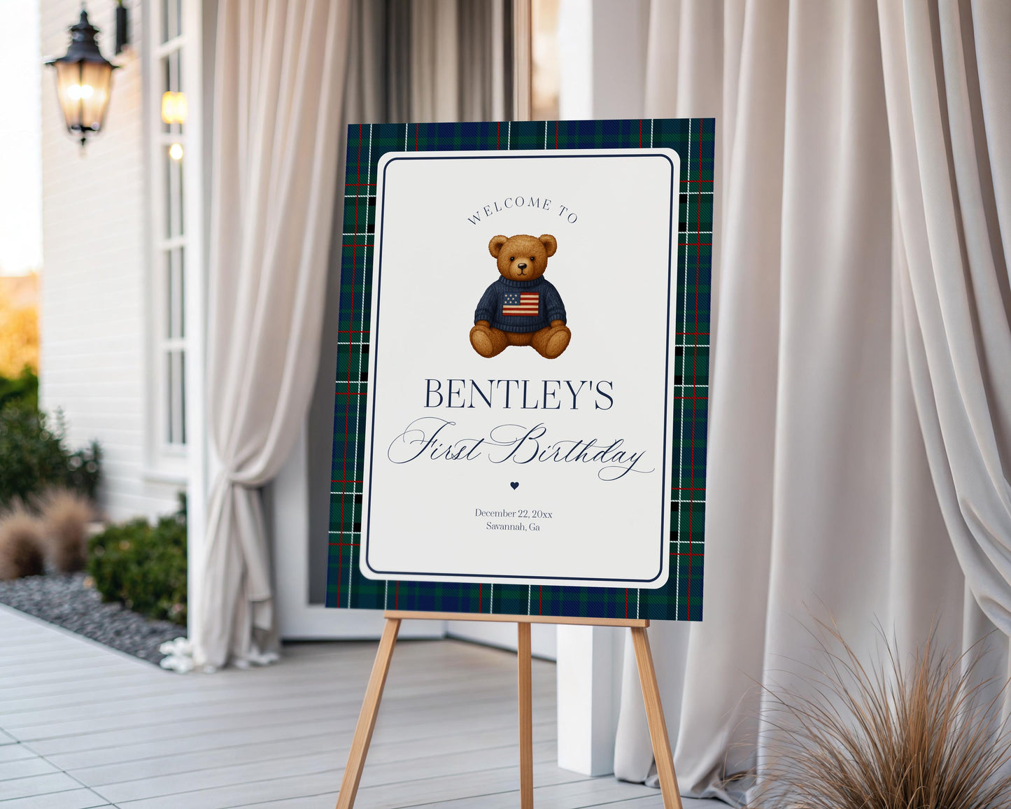 Preppy Bear Birthday Party Welcome Sign Template, Beary First Birthday Decor, Old Money Birthday Party, Tartan Plaid Party Decoration WP1079