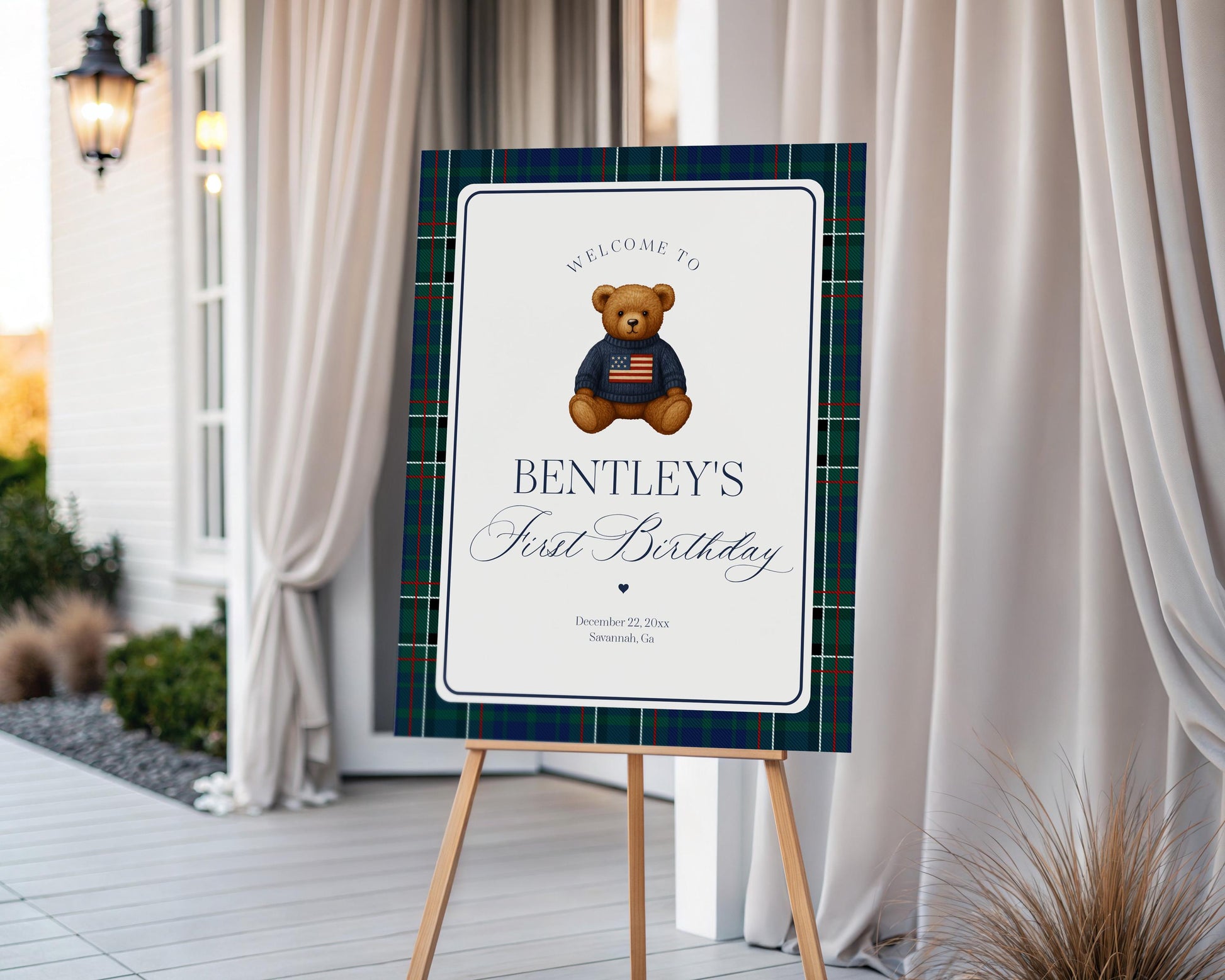 Preppy Bear Birthday Party Welcome Sign Template, Beary First Birthday Decor, Old Money Birthday Party, Tartan Plaid Party Decoration WP1079