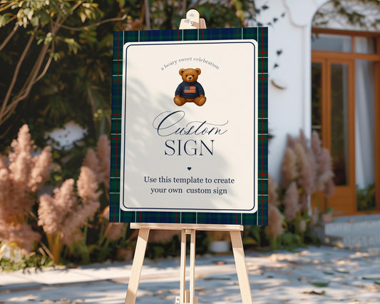 Preppy Bear Custom Sign Template, We Can Bearly Wait Old Money Baby Shower, Beary First Tartan Plaid Birthday Party, Polo Club Party WP1079