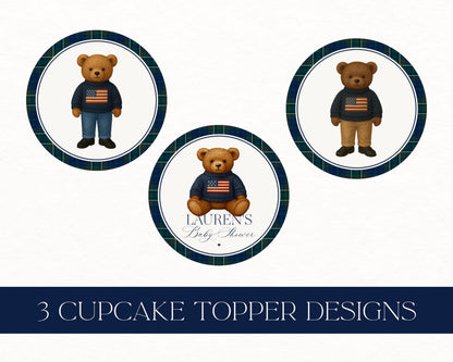 Preppy Bear Baby Shower Cupcake Toppers Template, We Can Bearly Wait Old Money Baby Sprinkle, Tartan Plaid Polo Club Nesting Party WP1079