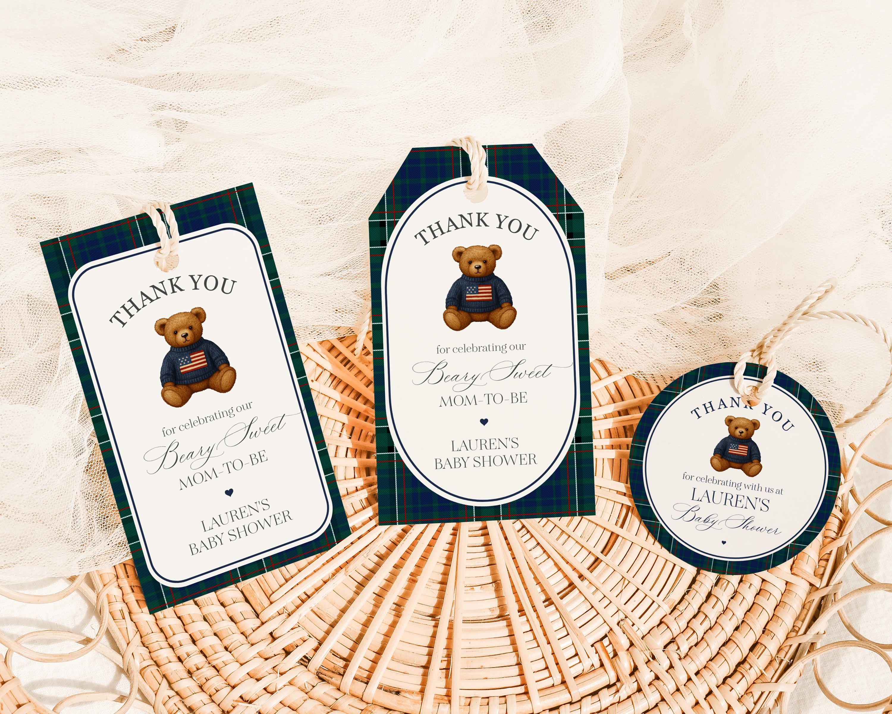 Preppy Bear Baby Shower Favor Tags Template, We Can Bearly Wait Old Money Baby Sprinkle, Tartan Plaid Polo Club Nesting Party WP1079