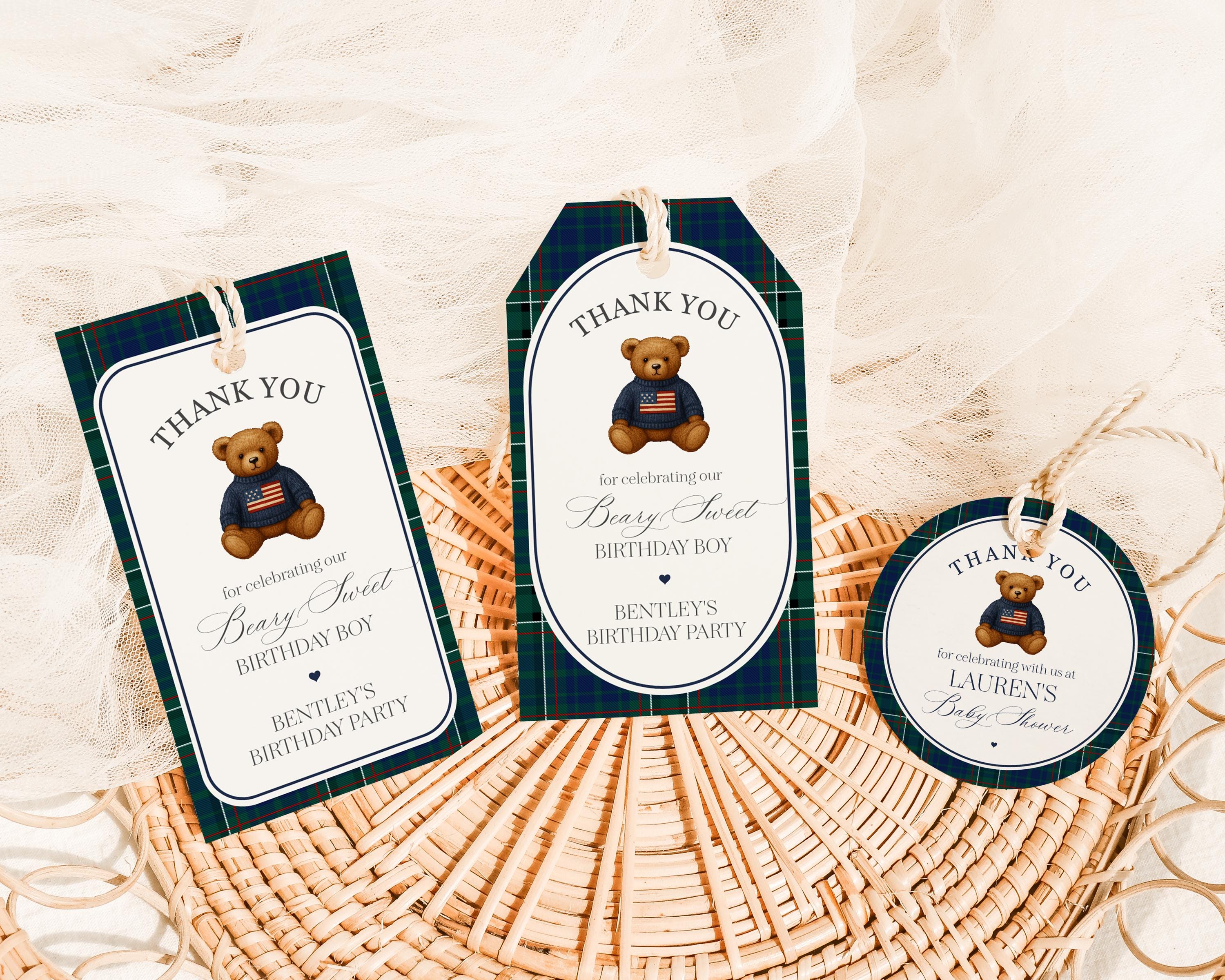 Preppy Bear Birthday Party Favor Tags Template, Beary First Birthday Decor, Old Money Birthday Party, Tartan Plaid Party Decorations WP1079