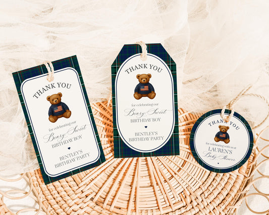 Preppy Bear Birthday Party Favor Tags Template, Beary First Birthday Decor, Old Money Birthday Party, Tartan Plaid Party Decorations WP1079