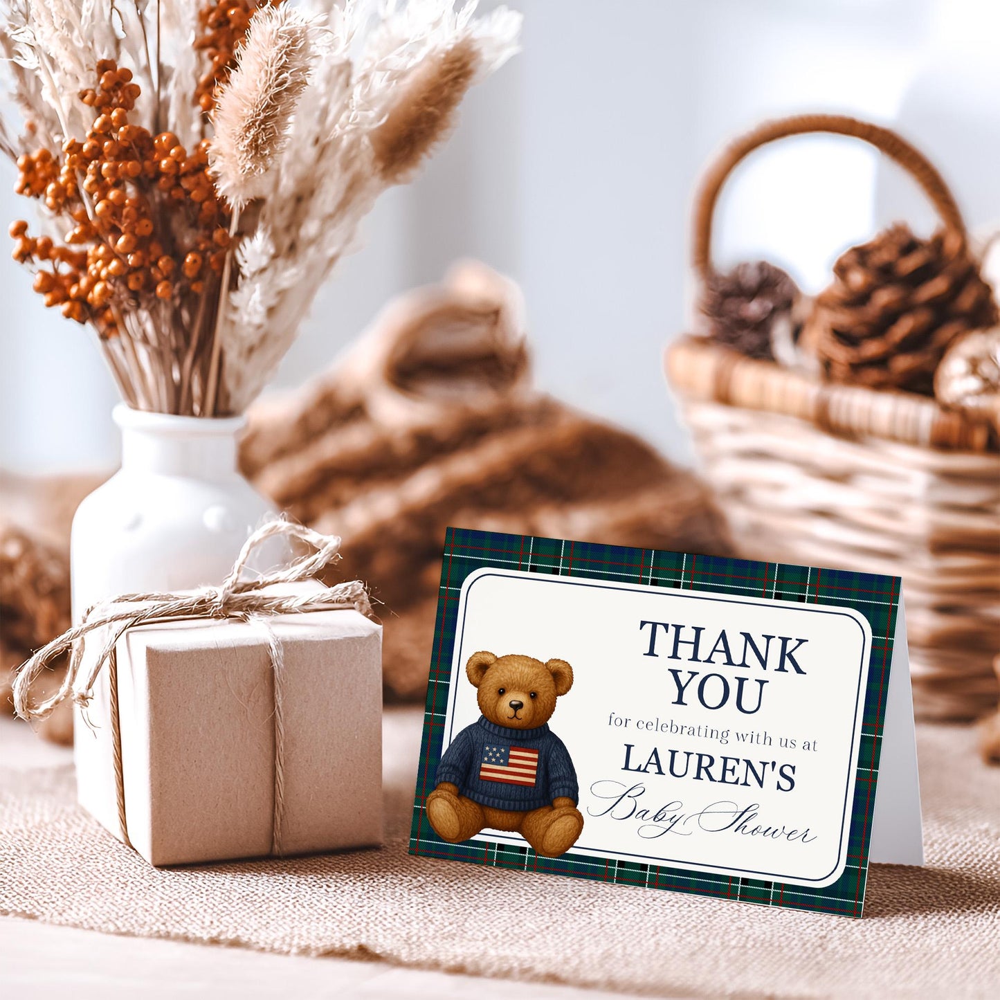 Preppy Bear Thank You Card Template, We Can Bearly Wait Old Money Baby Shower, Beary First Tartan Plaid Birthday, Polo Club Party WP1079