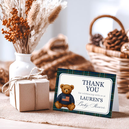 Preppy Bear Thank You Card Template, We Can Bearly Wait Old Money Baby Shower, Beary First Tartan Plaid Birthday, Polo Club Party WP1079