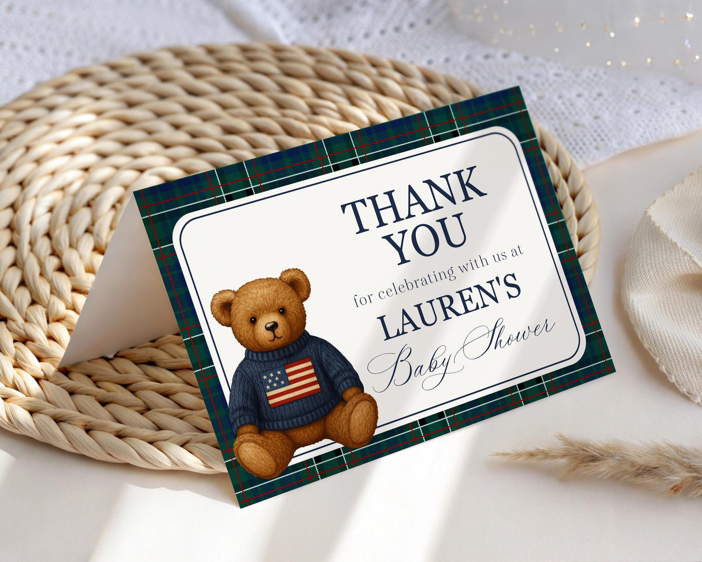 Preppy Bear Thank You Card Template, We Can Bearly Wait Old Money Baby Shower, Beary First Tartan Plaid Birthday, Polo Club Party WP1079