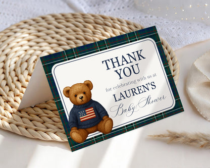 Preppy Bear Thank You Card Template, We Can Bearly Wait Old Money Baby Shower, Beary First Tartan Plaid Birthday, Polo Club Party WP1079
