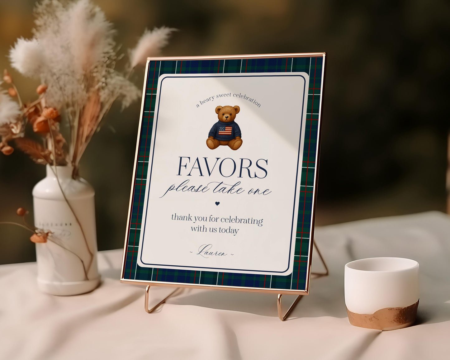 Preppy Bear Cards & Gifts and Favors Sign Template, We Can Bearly Wait Old Money Baby Shower, Beary First Tartan Plaid Bday Polo Club WP1079