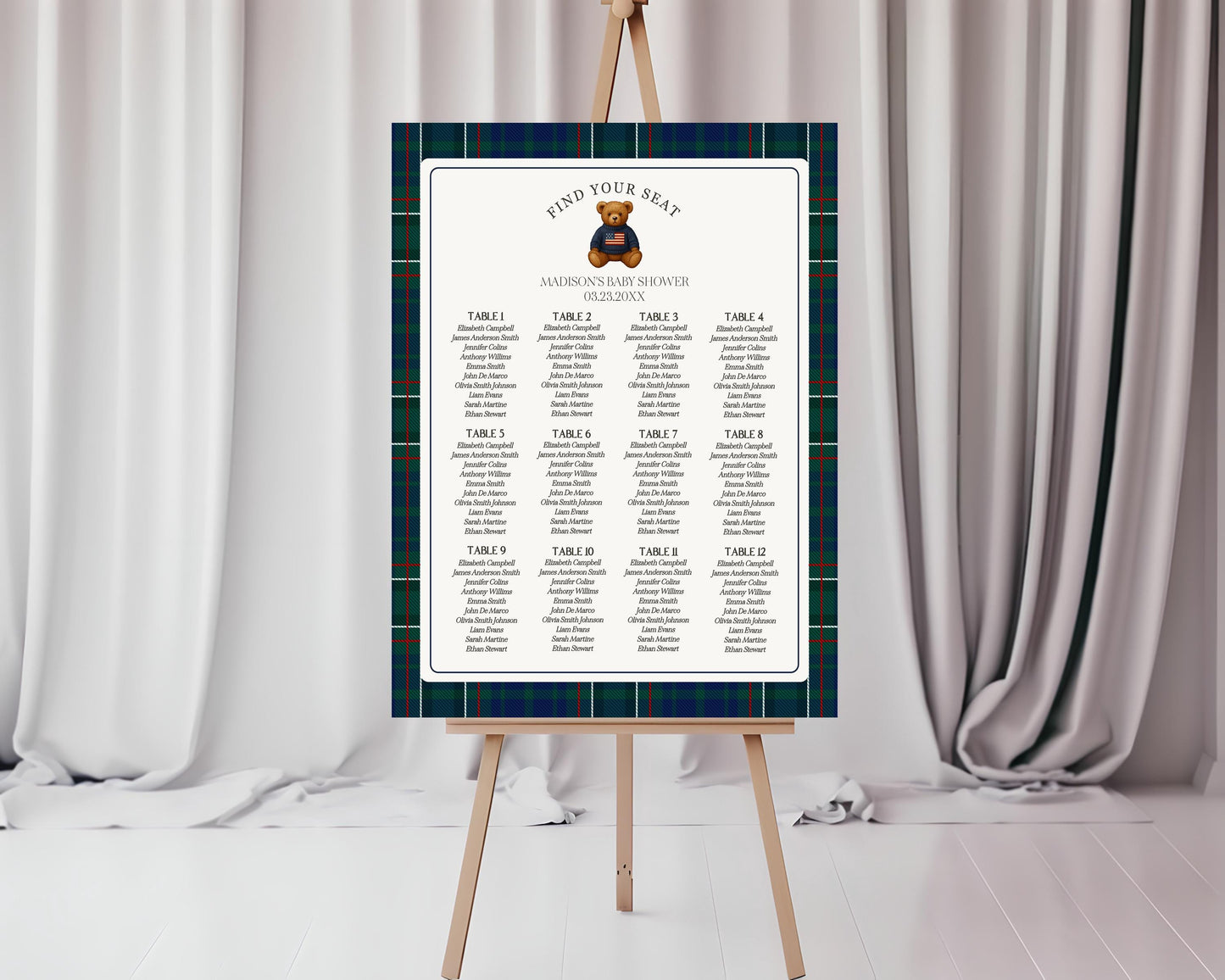 Preppy Bear Seating Chart Poster Template, We Can Bearly Wait Old Money Baby Shower, Beary First Tartan Plaid Bday, Polo Club Party WP1079