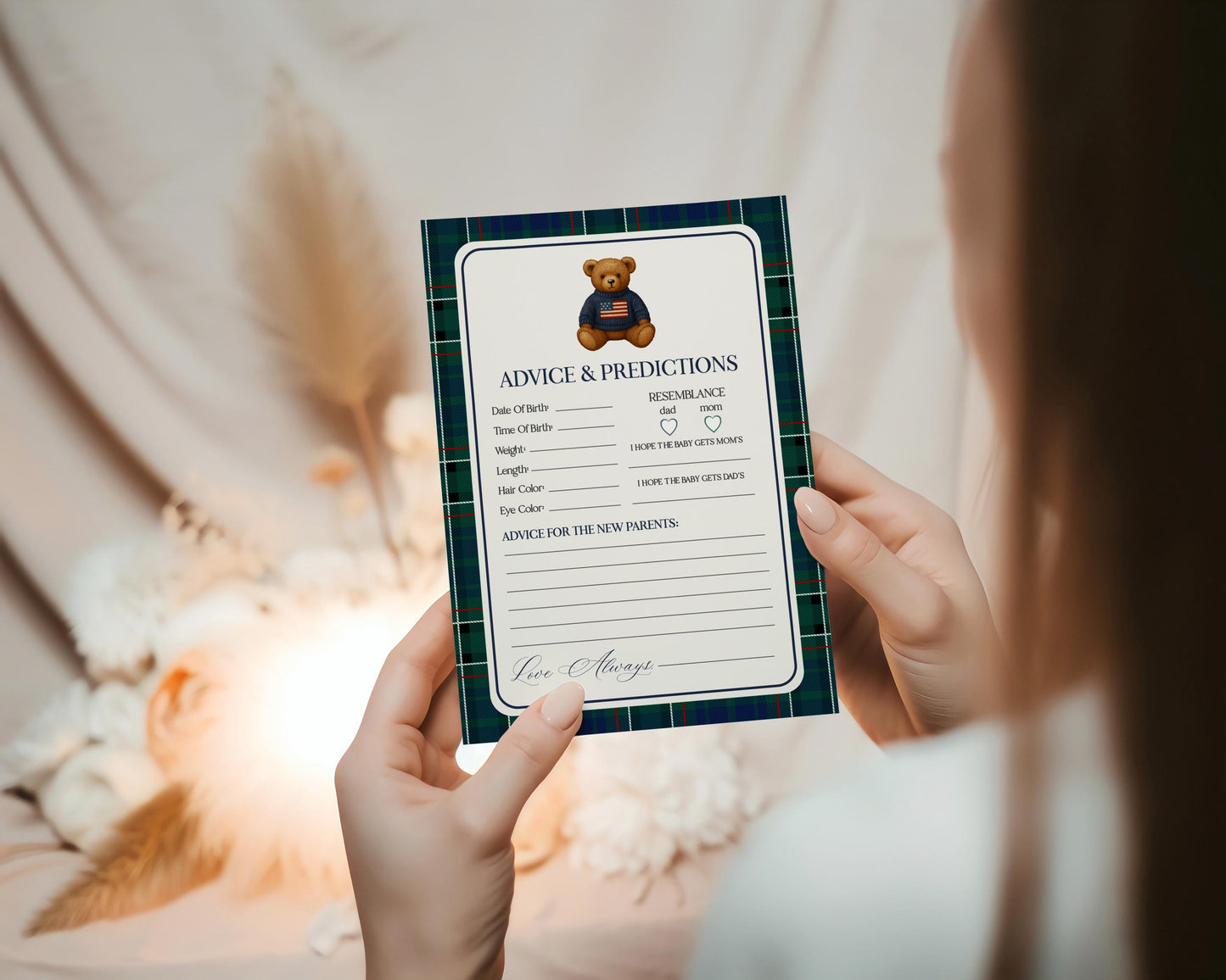 Preppy Bear Advice for Baby Cards Template, We Can Bearly Wait Old Money Baby Sprinkle, Tartan Plaid Polo Club Nesting Party WP1079