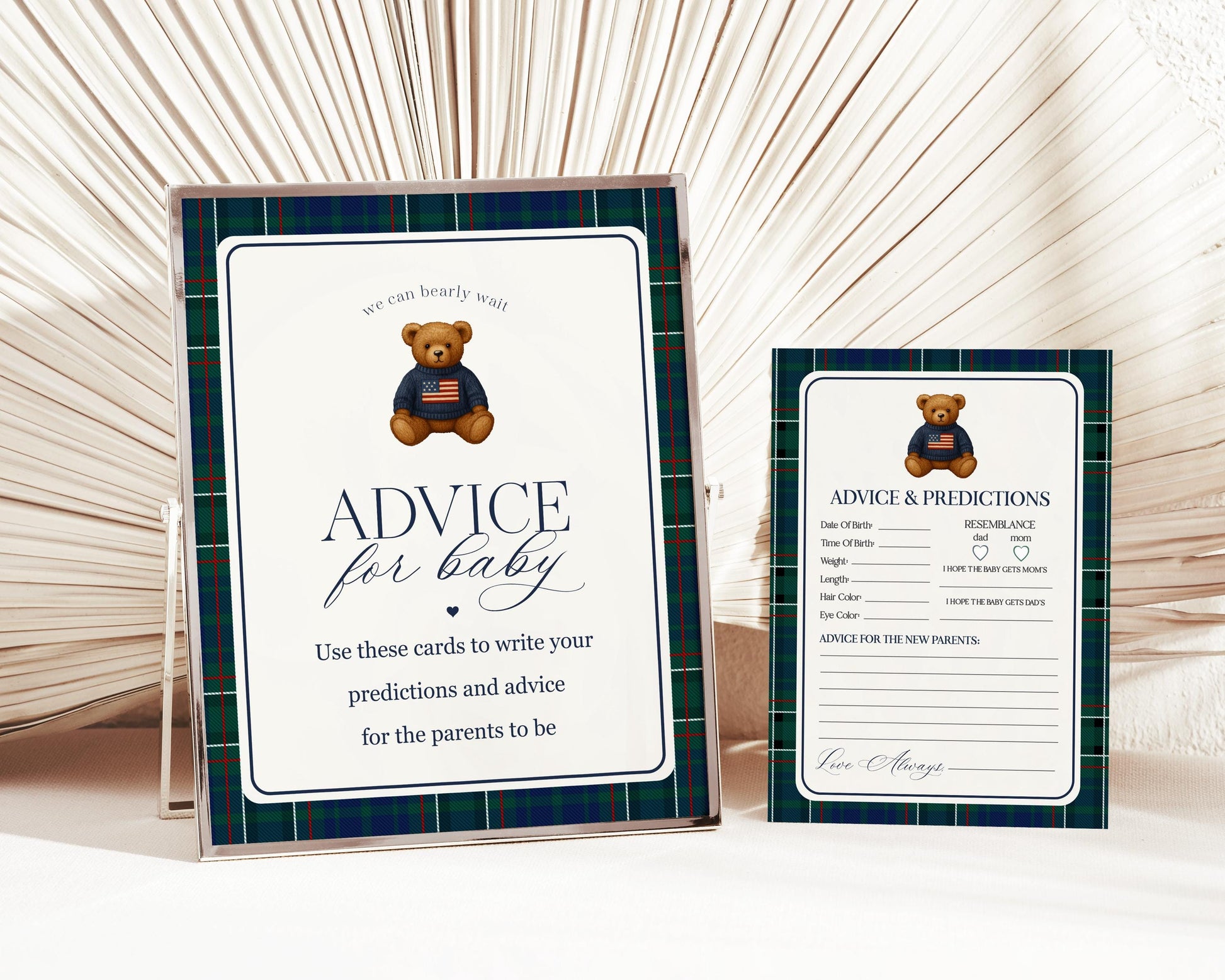 Preppy Bear Advice for Baby Cards Template, We Can Bearly Wait Old Money Baby Sprinkle, Tartan Plaid Polo Club Nesting Party WP1079