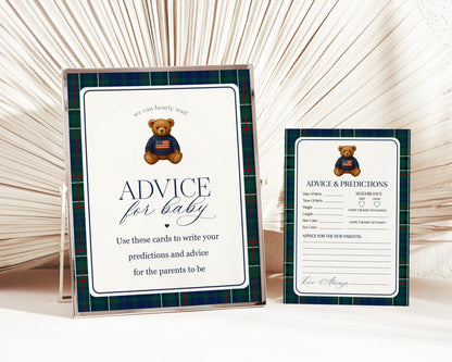 Preppy Bear Advice for Baby Cards Template, We Can Bearly Wait Old Money Baby Sprinkle, Tartan Plaid Polo Club Nesting Party WP1079