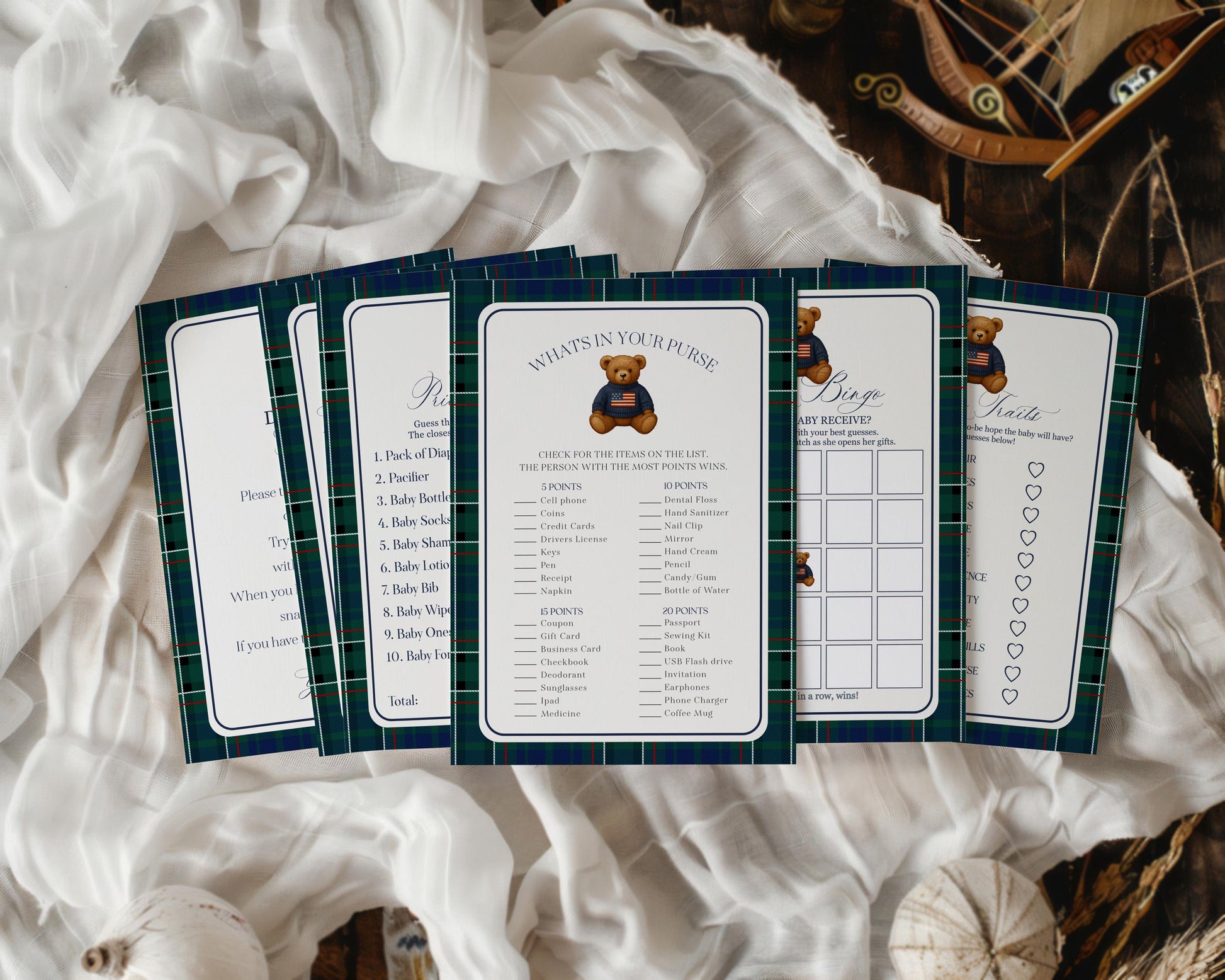 Preppy Bear Baby Shower Games Template, We Can Bearly Wait Old Money Baby Sprinkle, Tartan Plaid Polo Club Nesting Party WP1079