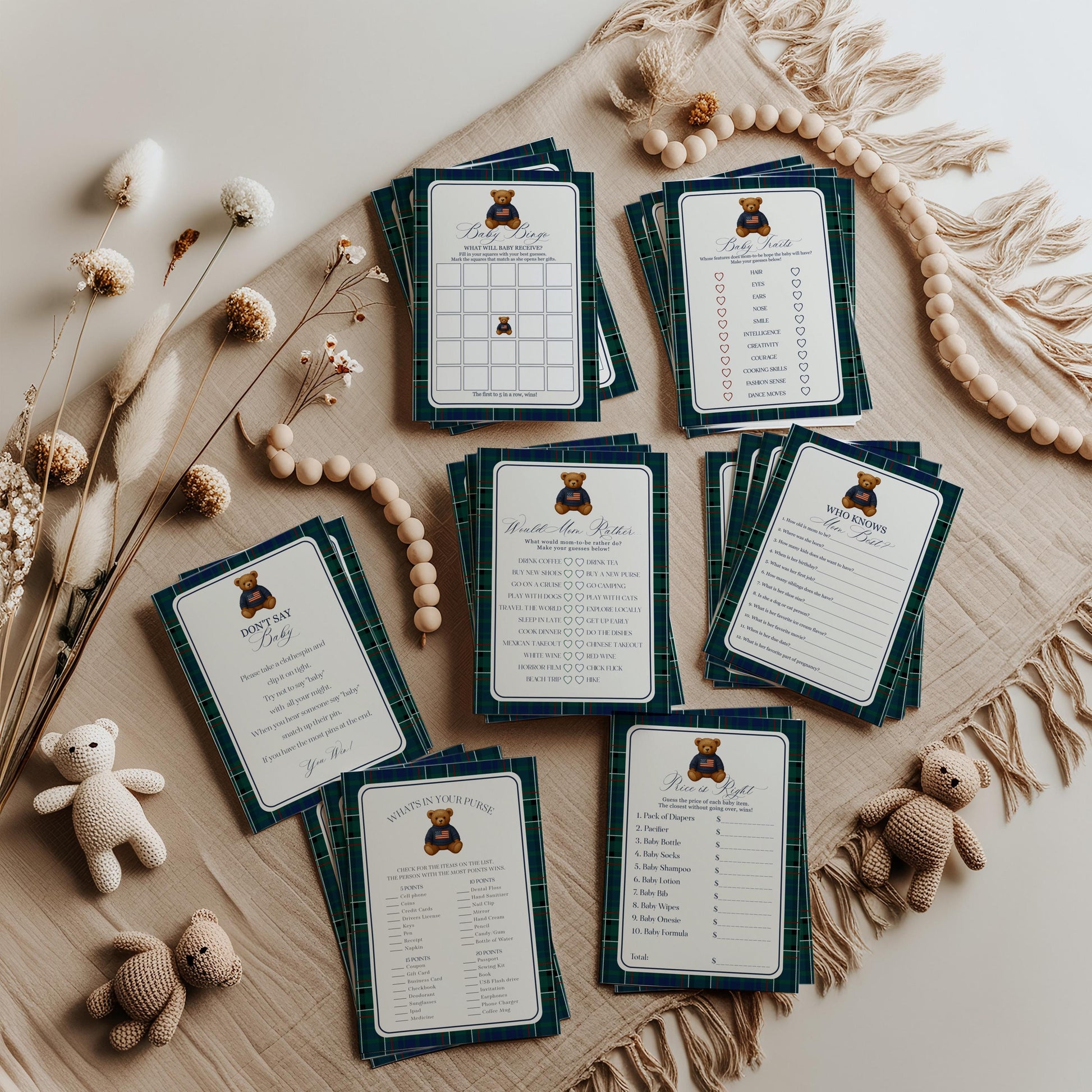 Preppy Bear Baby Shower Games Template, We Can Bearly Wait Old Money Baby Sprinkle, Tartan Plaid Polo Club Nesting Party WP1079