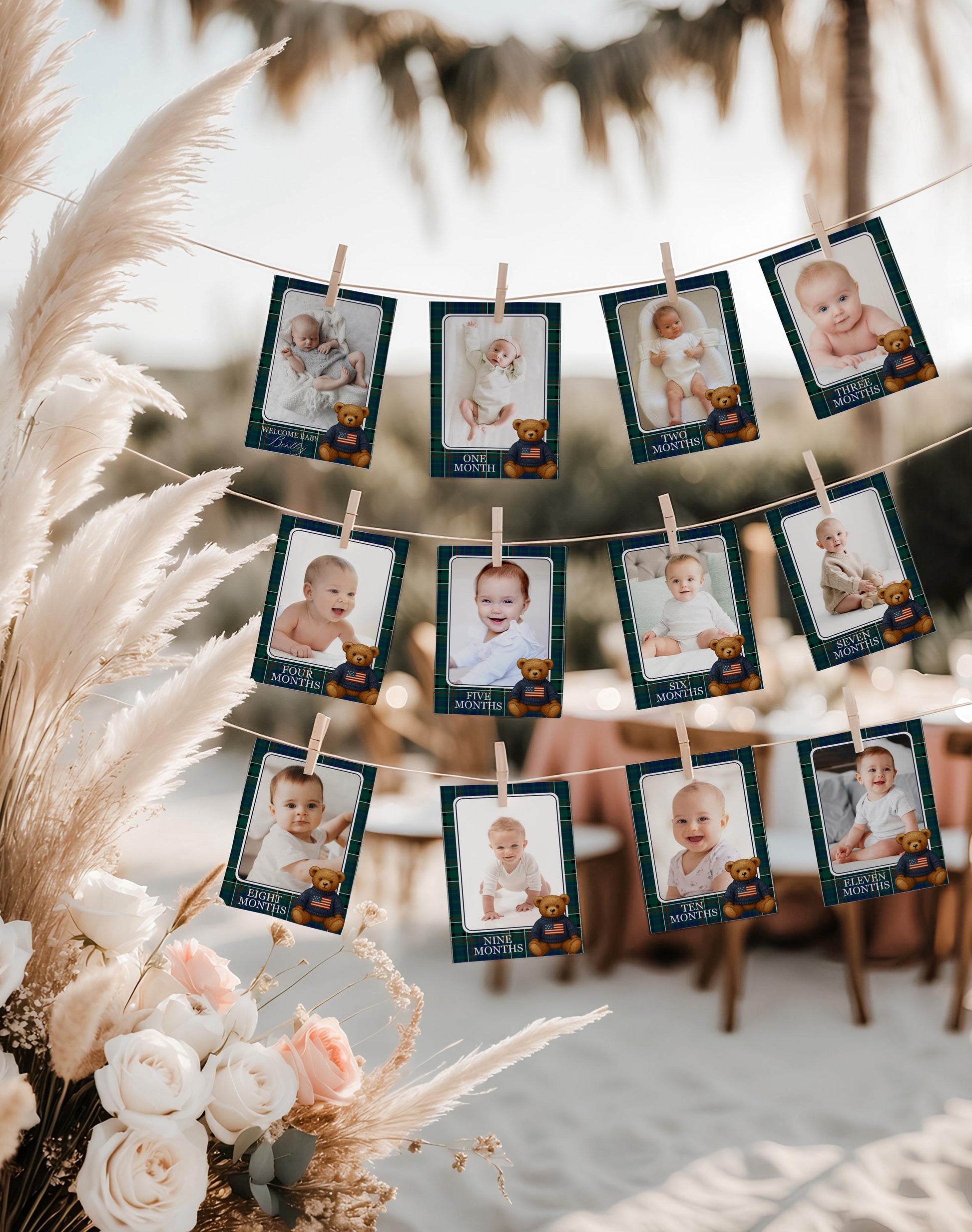 Preppy Bear 1st Birthday Milestone Banner Template, Beary First Birthday Decor, Old Money Birthday Party, Tartan Plaid Party Decor WP1079