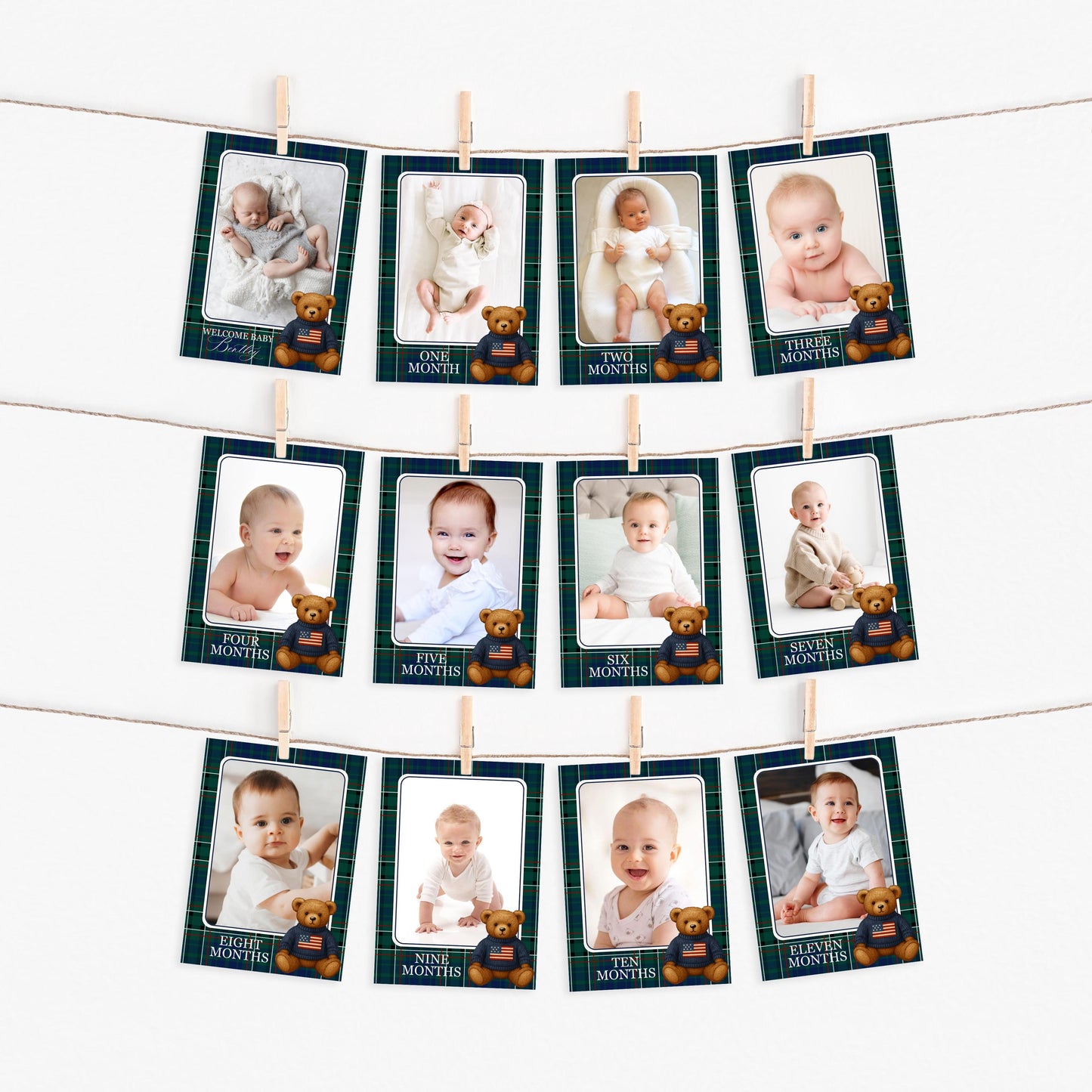 Preppy Bear 1st Birthday Milestone Banner Template, Beary First Birthday Decor, Old Money Birthday Party, Tartan Plaid Party Decor WP1079