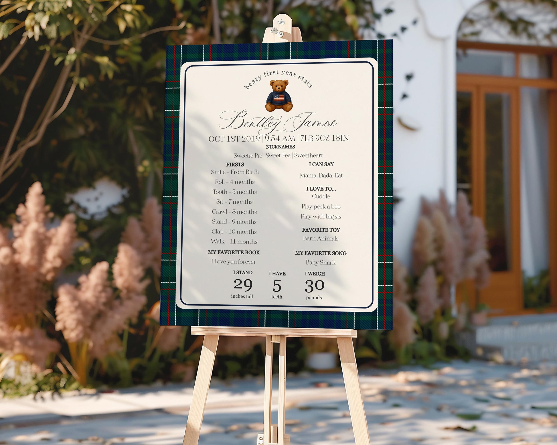 Preppy Bear First Year Milestone Sign Printable Template, Beary First Birthday Decor, Old Money Birthday Party, Tartan Plaid Party WP1079